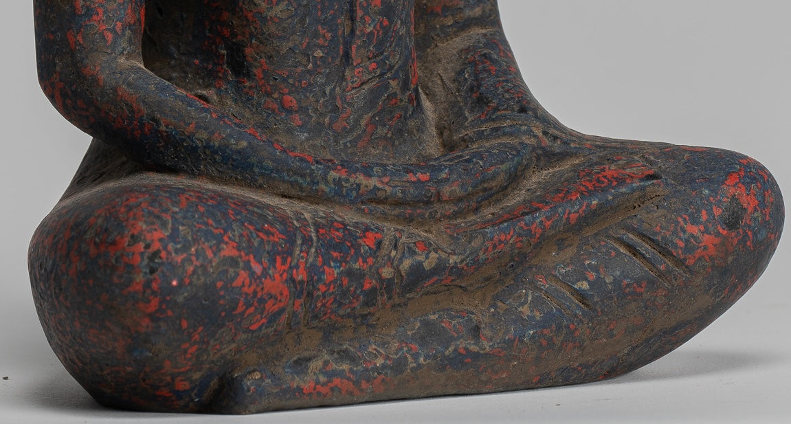 Buddha Sculpture - Antique Khmer Style Wood Seated Buddha Statue Dhyana Meditation Mudra - 21cm/8"