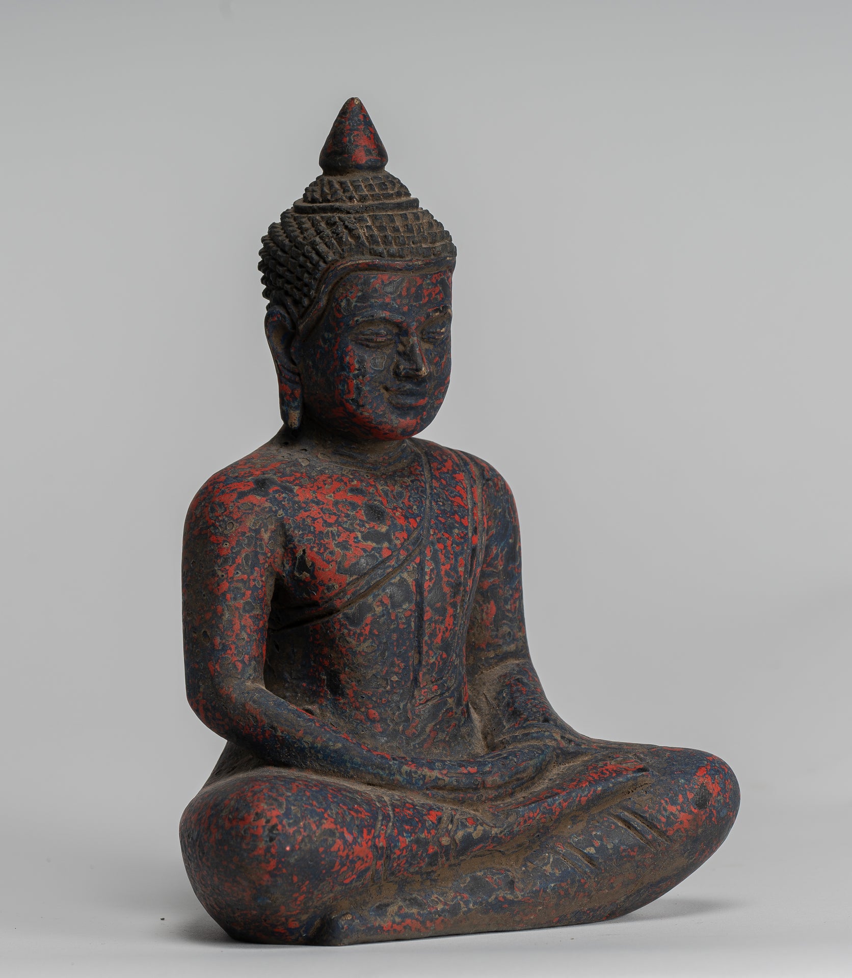 Buddha Sculpture - Antique Khmer Style Wood Seated Buddha Statue Dhyana Meditation Mudra - 21cm/8"