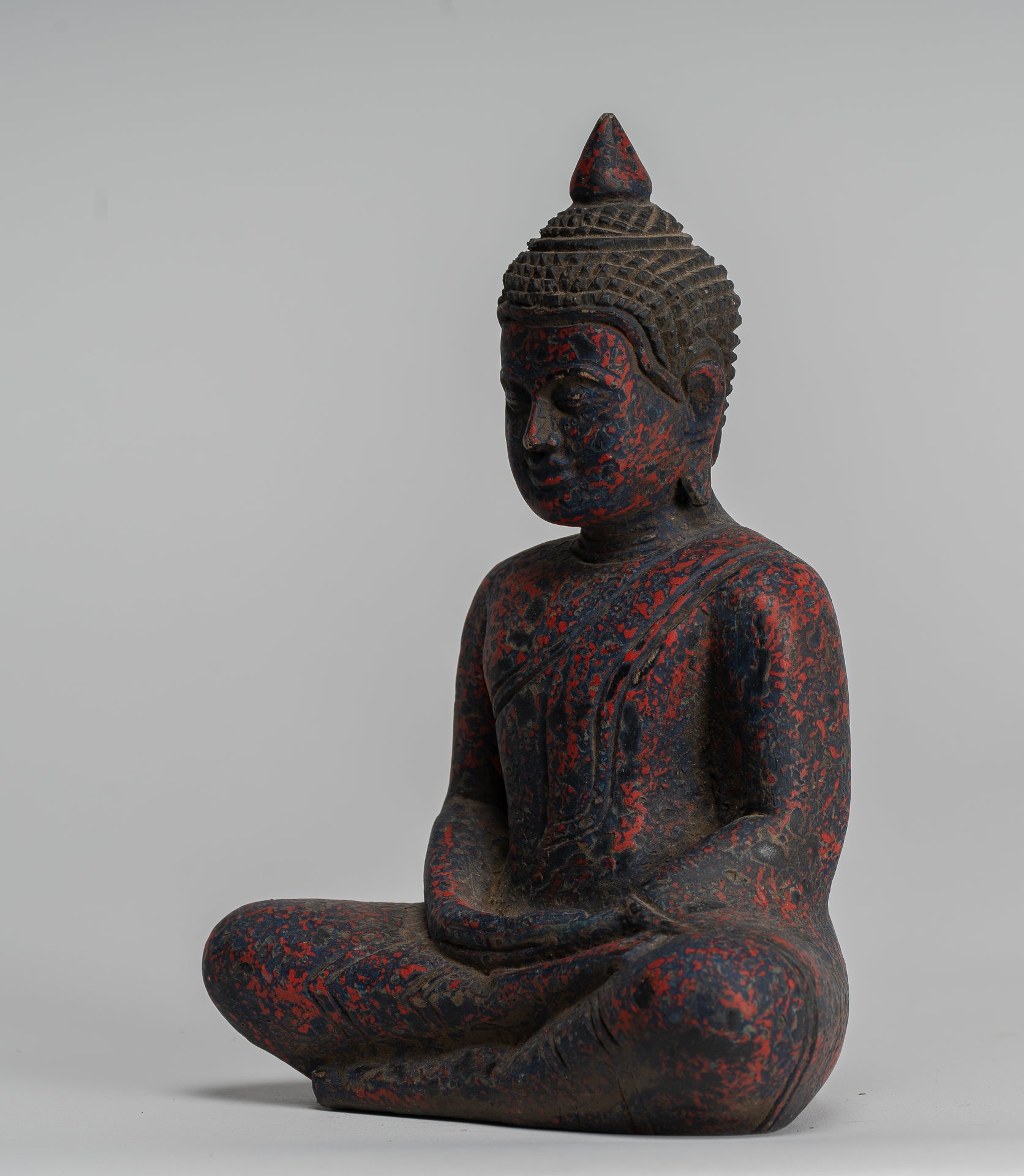 Buddha Sculpture - Antique Khmer Style Wood Seated Buddha Statue Dhyana Meditation Mudra - 21cm/8"