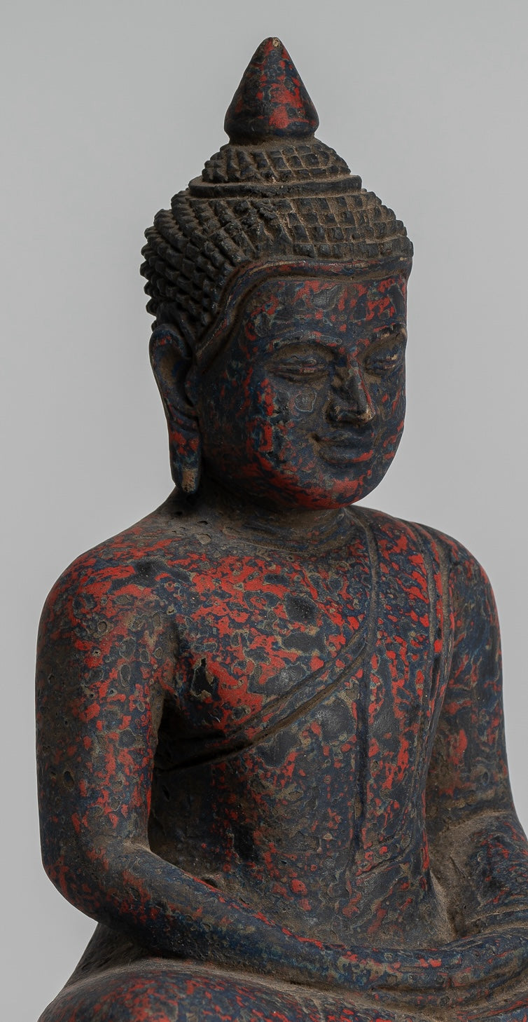 Buddha Sculpture - Antique Khmer Style Wood Seated Buddha Statue Dhyana Meditation Mudra - 21cm/8"