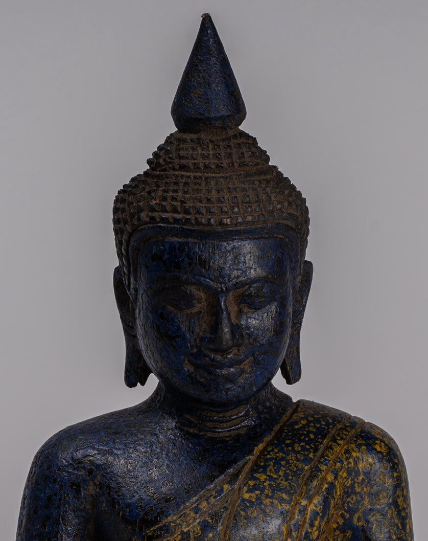 Buddha Sculpture - Antique Khmer Style Wood Seated Buddha Statue Dhyana Meditation Mudra - 22cm/9"
