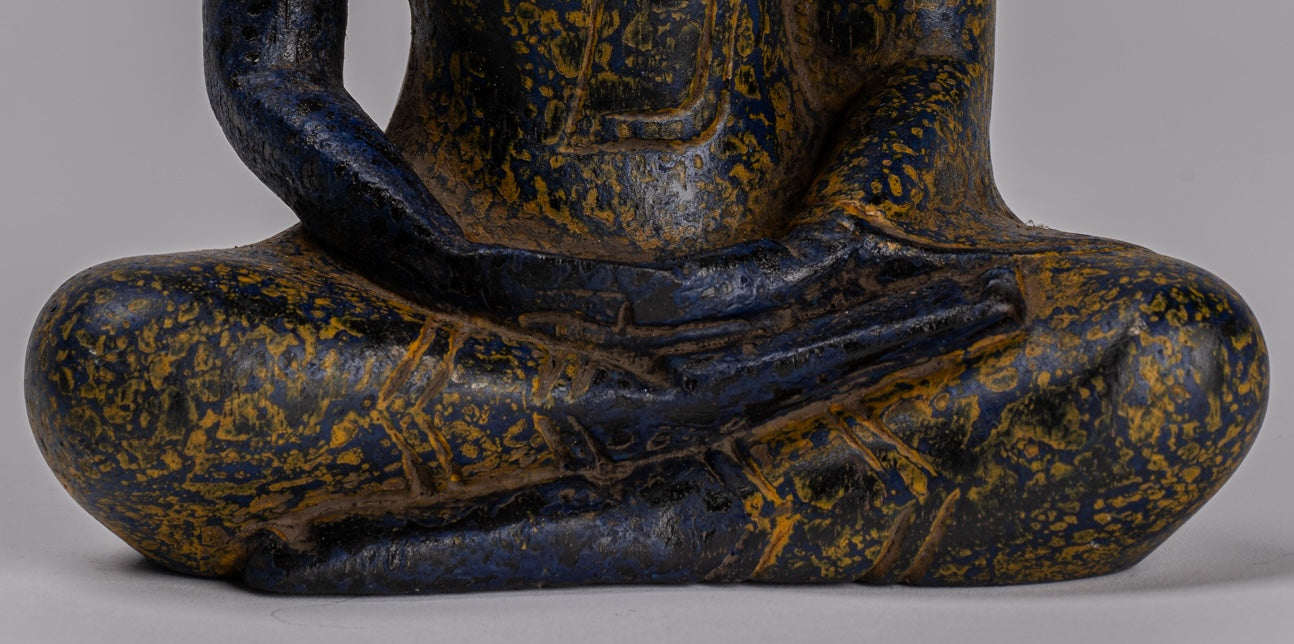 Buddha Sculpture - Antique Khmer Style Wood Seated Buddha Statue Dhyana Meditation Mudra - 22cm/9"