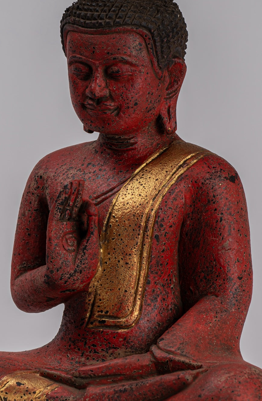 Buddha Statue - Antique Khmer Style Cambodia Seated Wood Buddha Statue Teaching Mudra - 26cm/10"