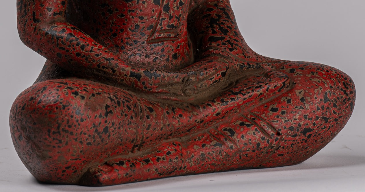 Buddha Sculpture - Antique Khmer Style Wood Seated Buddha Statue Dhyana Meditation Mudra - 26cm/10"