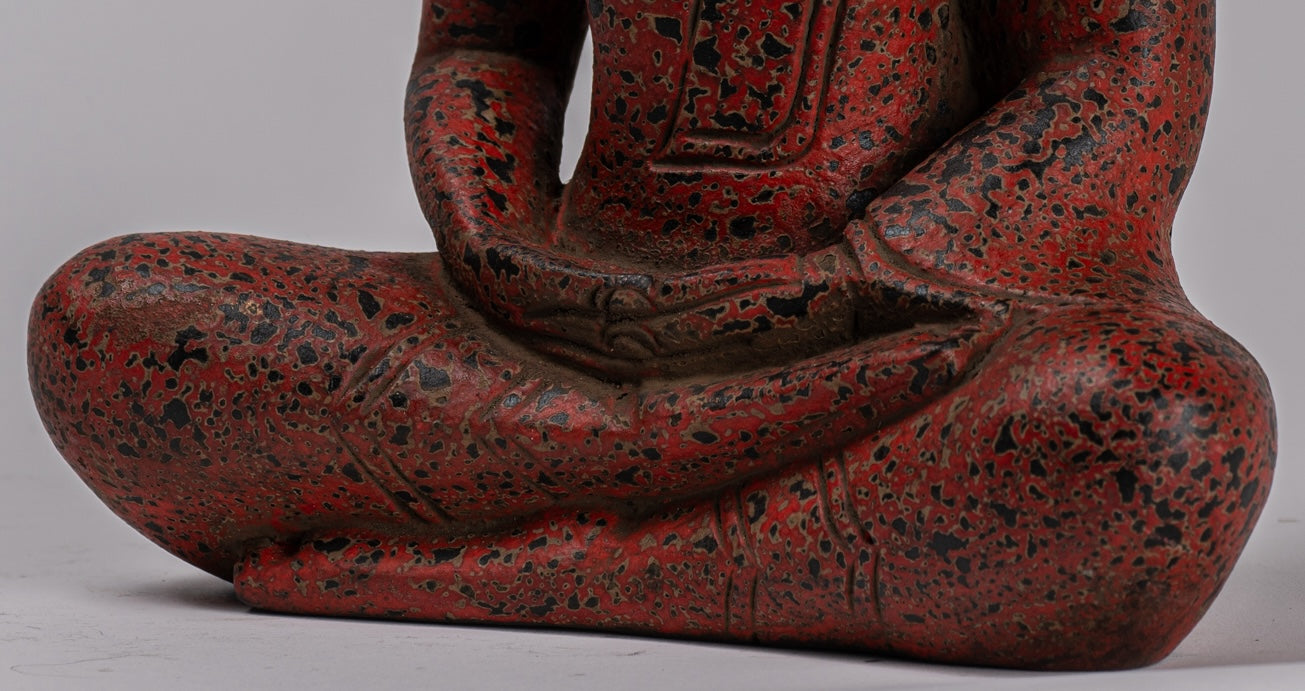 Buddha Sculpture - Antique Khmer Style Wood Seated Buddha Statue Dhyana Meditation Mudra - 26cm/10"