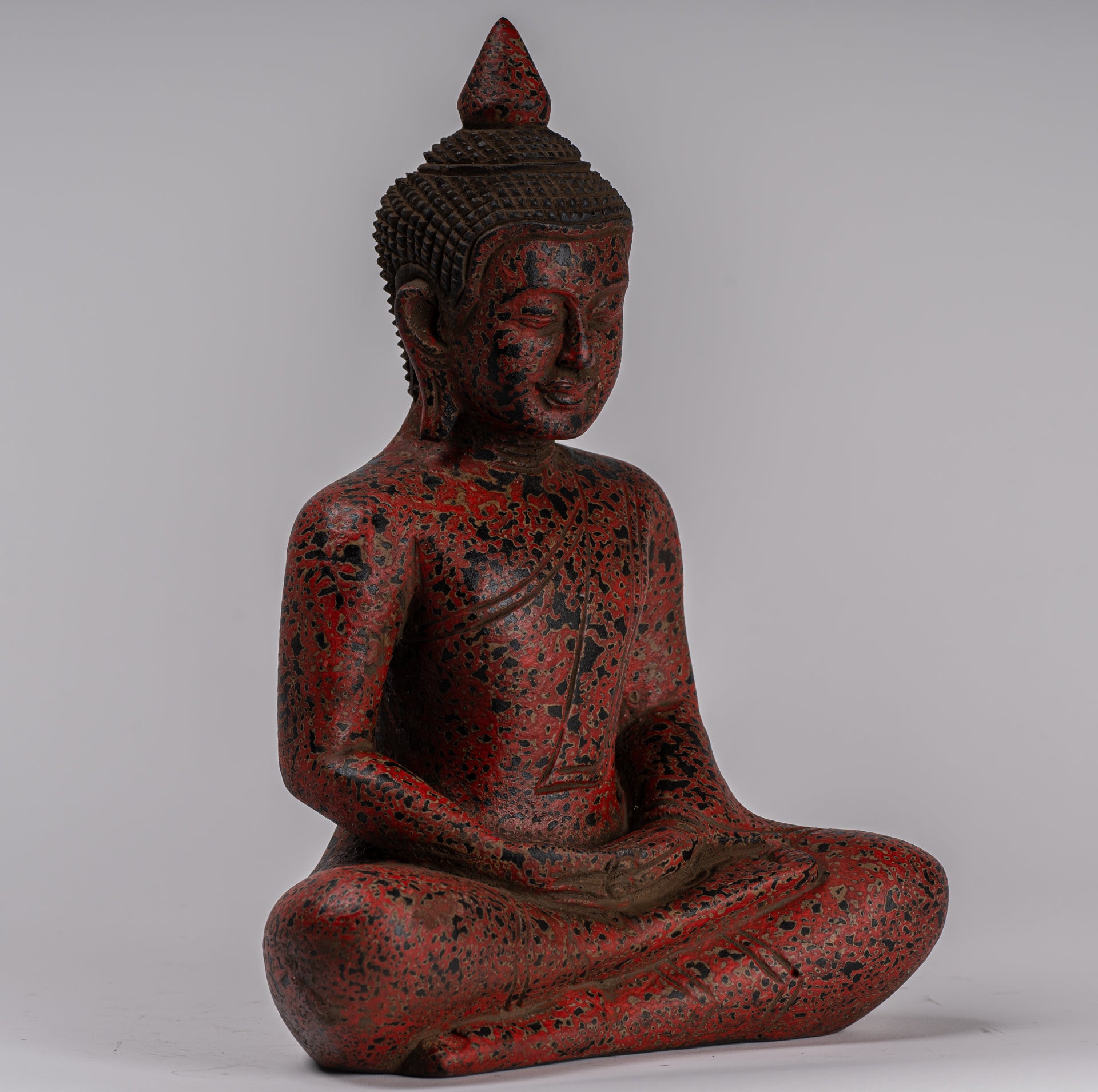 Buddha Sculpture - Antique Khmer Style Wood Seated Buddha Statue Dhyana Meditation Mudra - 26cm/10"