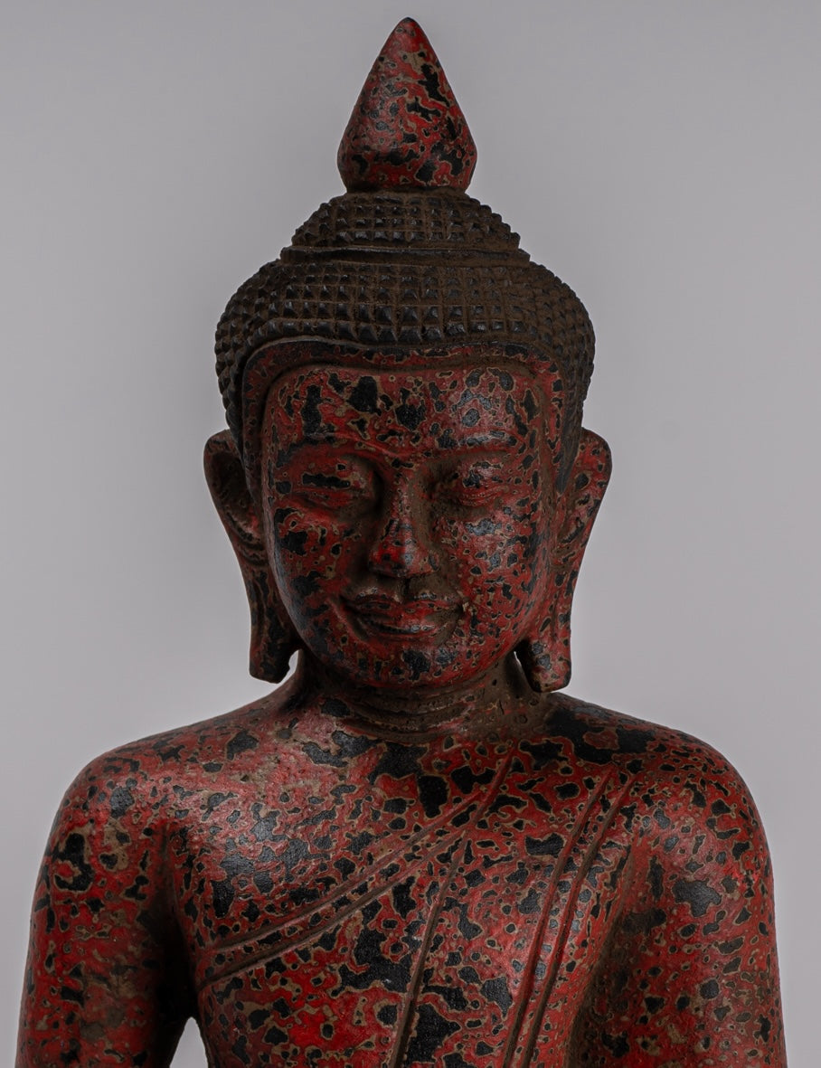 Buddha Sculpture - Antique Khmer Style Wood Seated Buddha Statue Dhyana Meditation Mudra - 26cm/10"
