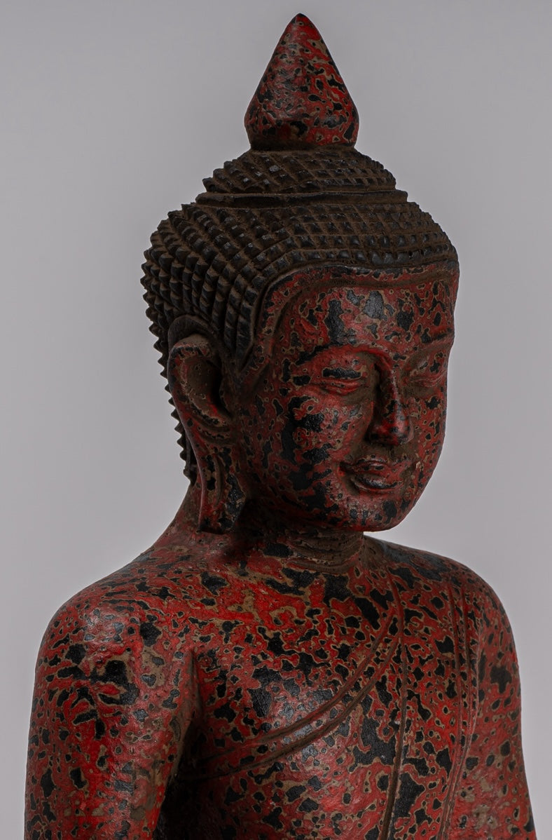 Buddha Sculpture - Antique Khmer Style Wood Seated Buddha Statue Dhyana Meditation Mudra - 26cm/10"