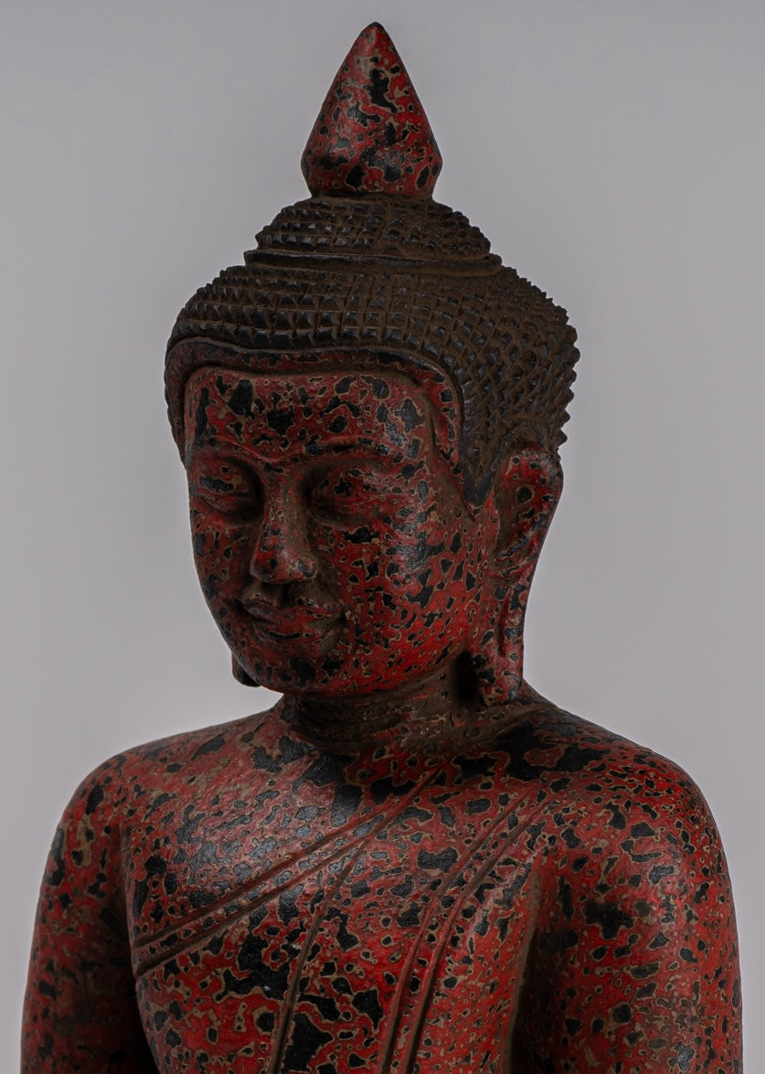 Buddha Sculpture - Antique Khmer Style Wood Seated Buddha Statue Dhyana Meditation Mudra - 26cm/10"