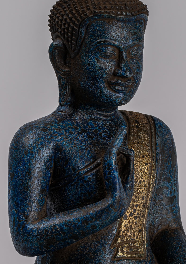 Buddha Statue - Antique Khmer Style Cambodia Seated Wood Buddha Statue Teaching Mudra - 32cm/13"