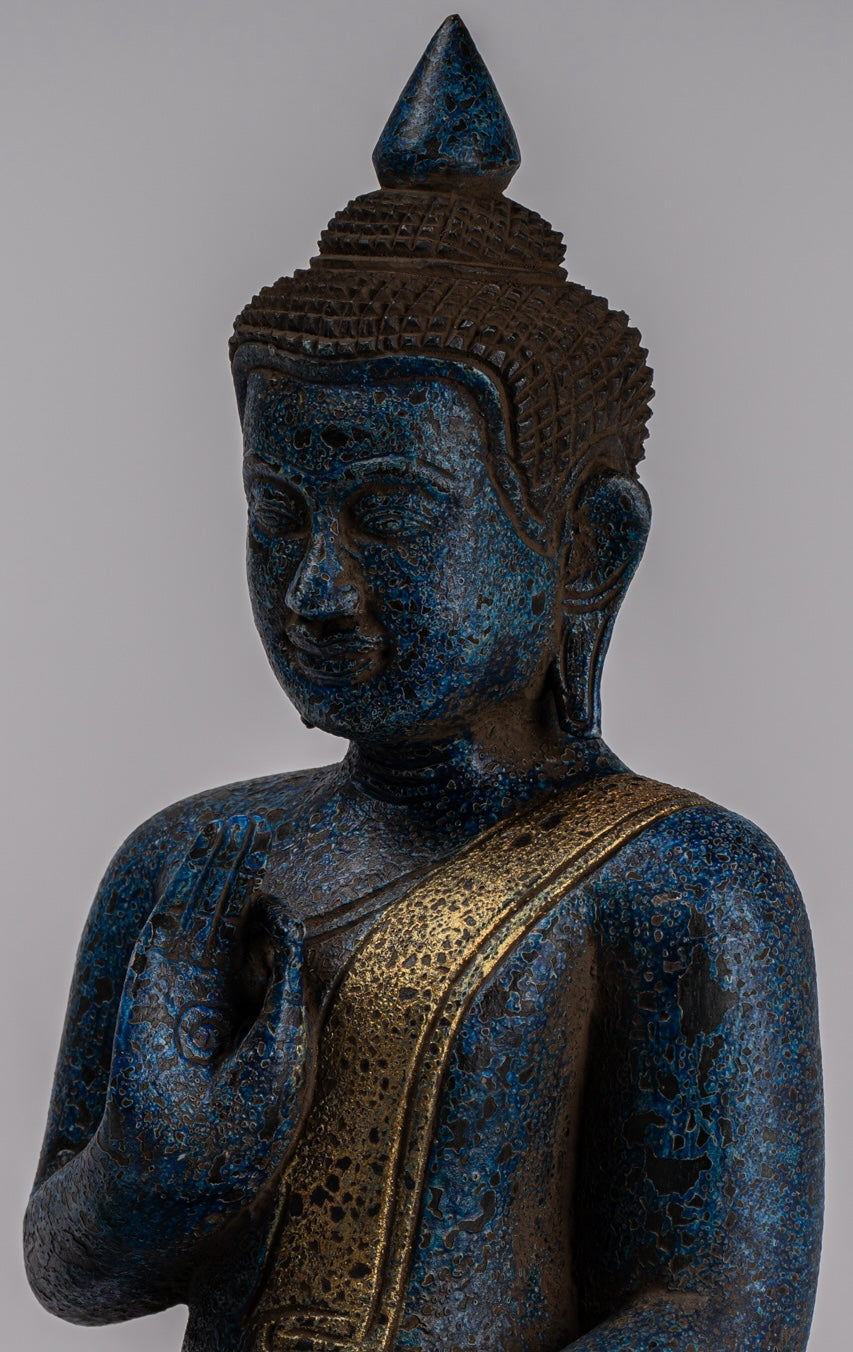 Buddha Statue - Antique Khmer Style Cambodia Seated Wood Buddha Statue Teaching Mudra - 32cm/13"