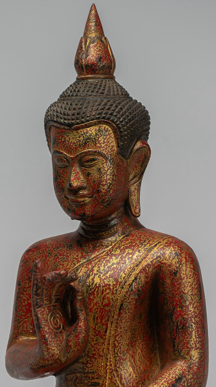Buddha Statue - Antique Khmer Style Cambodia Seated Wood Buddha Statue Teaching Mudra - 55cm/22"
