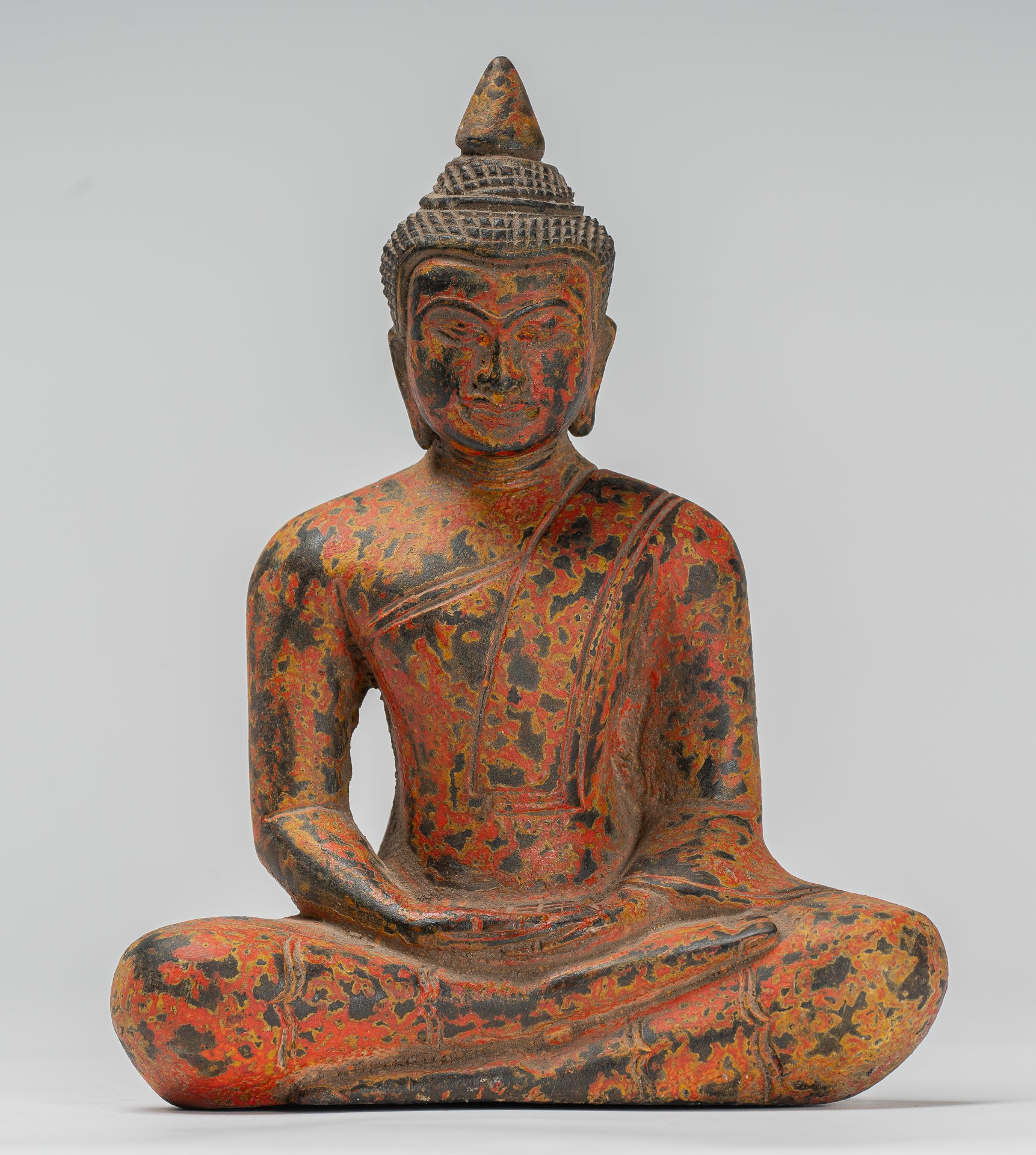 Buddha Sculpture - Antique Khmer Style Wood Seated Buddha Statue Dhyana Meditation Mudra - 21cm/8"