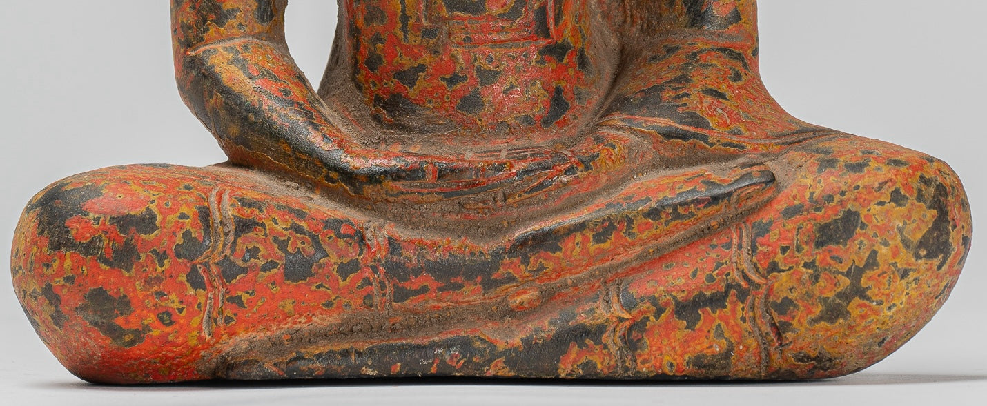 Buddha Sculpture - Antique Khmer Style Wood Seated Buddha Statue Dhyana Meditation Mudra - 21cm/8"