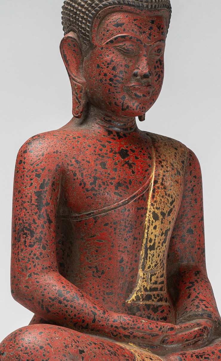 Buddha Statue - Antique Khmer Style SE Asia Seated Wood Meditation Buddha Statue - 53cm/21"