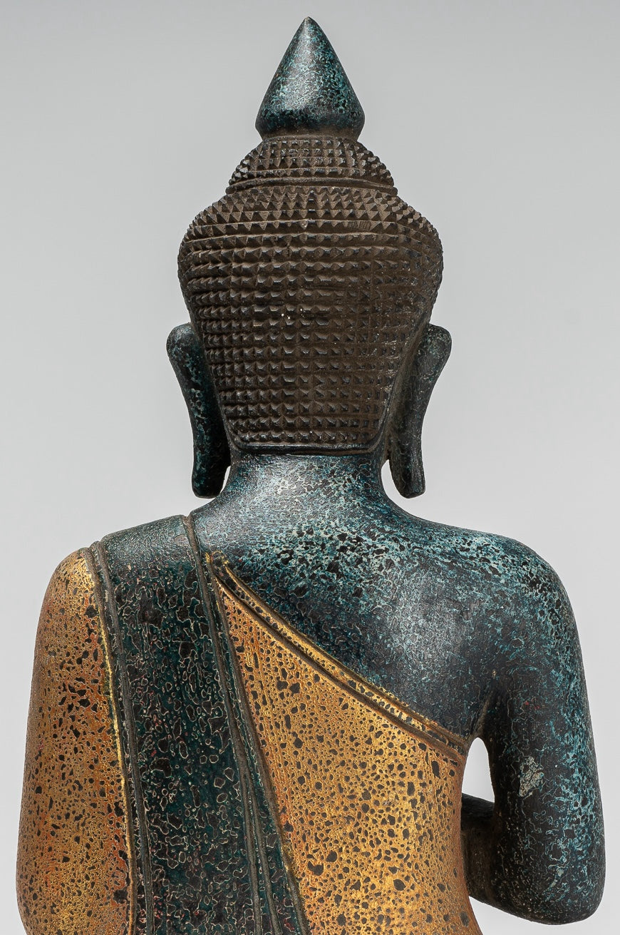 Buddha Statue - Antique Khmer Style Cambodia Seated Wood Buddha Statue Teaching Mudra - 39cm/16"