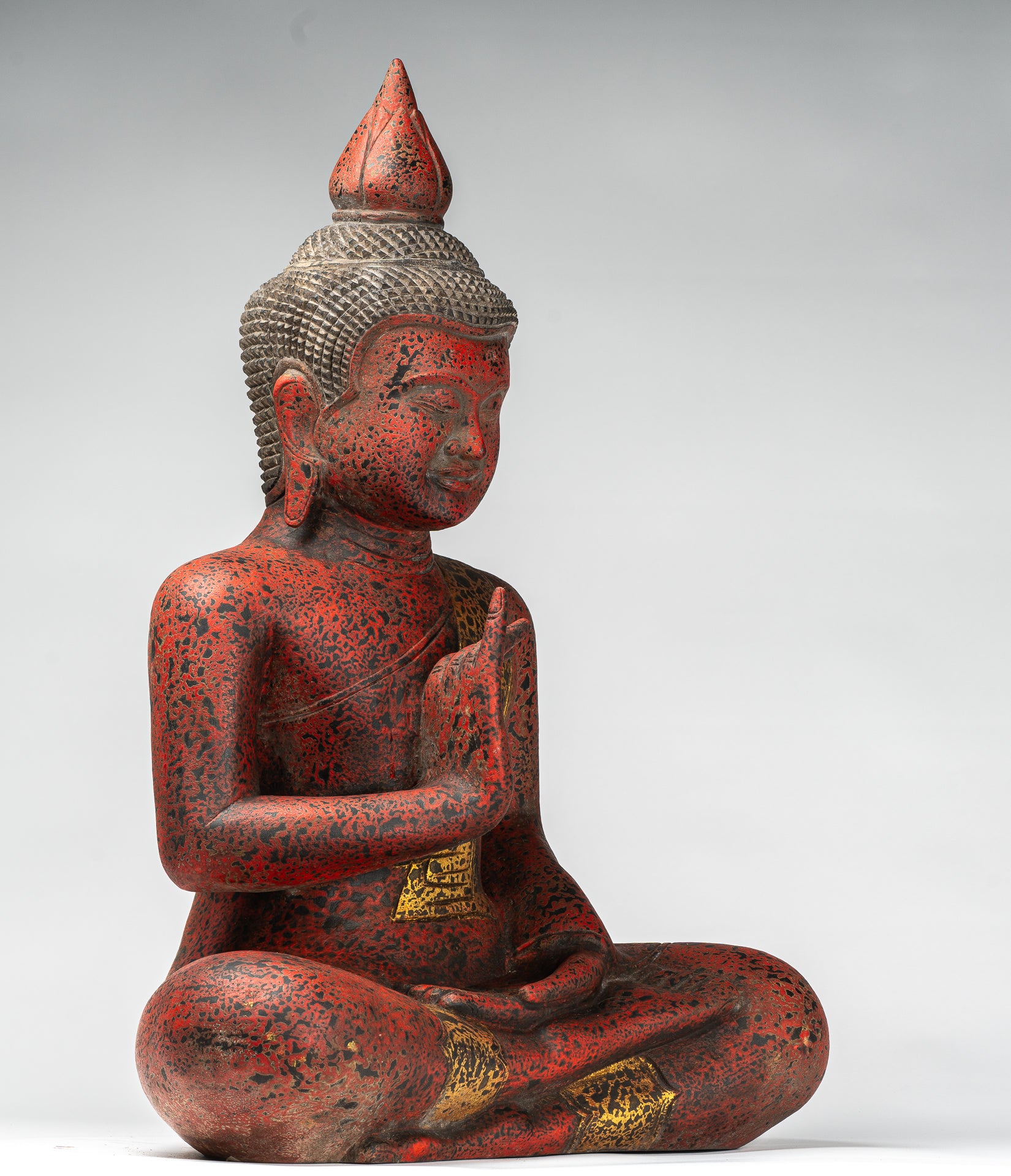 Buddha Statue - Antique Khmer Style Cambodia Seated Wood Buddha Statue Teaching Mudra - 70cm/28"