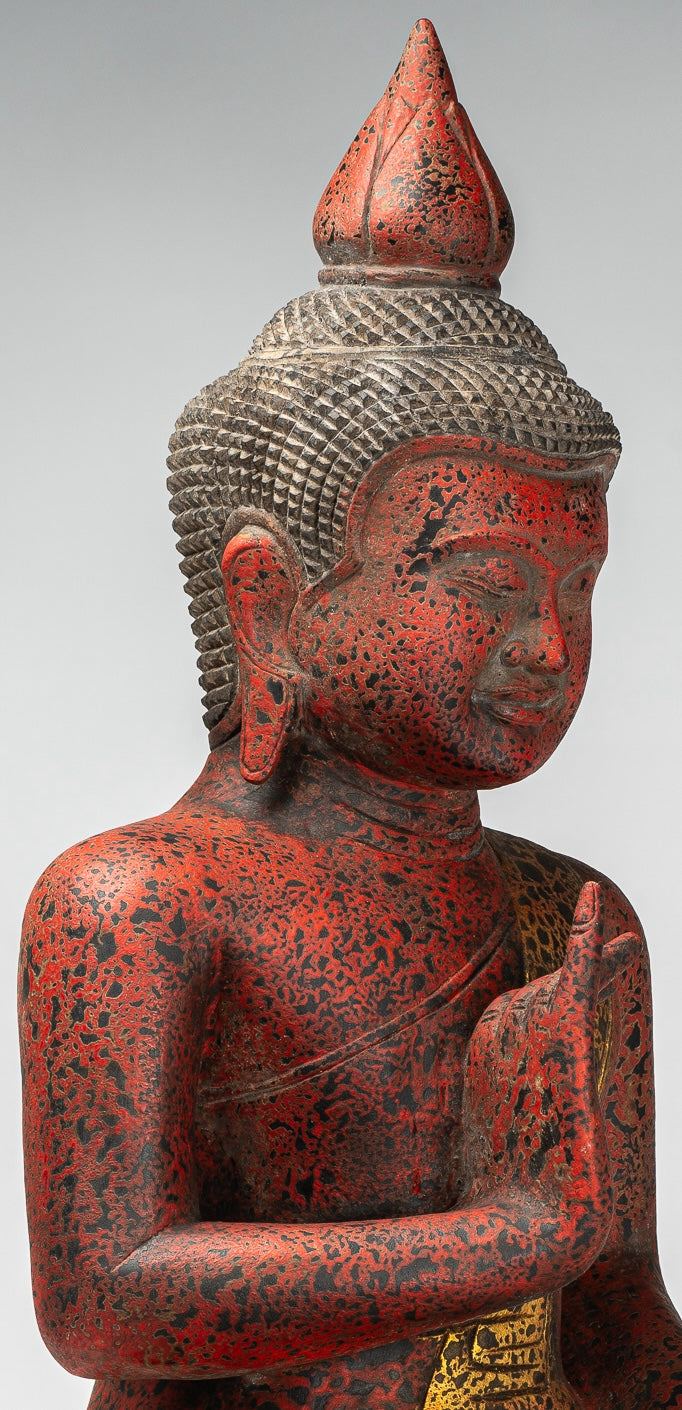 Buddha Statue - Antique Khmer Style Cambodia Seated Wood Buddha Statue Teaching Mudra - 70cm/28"