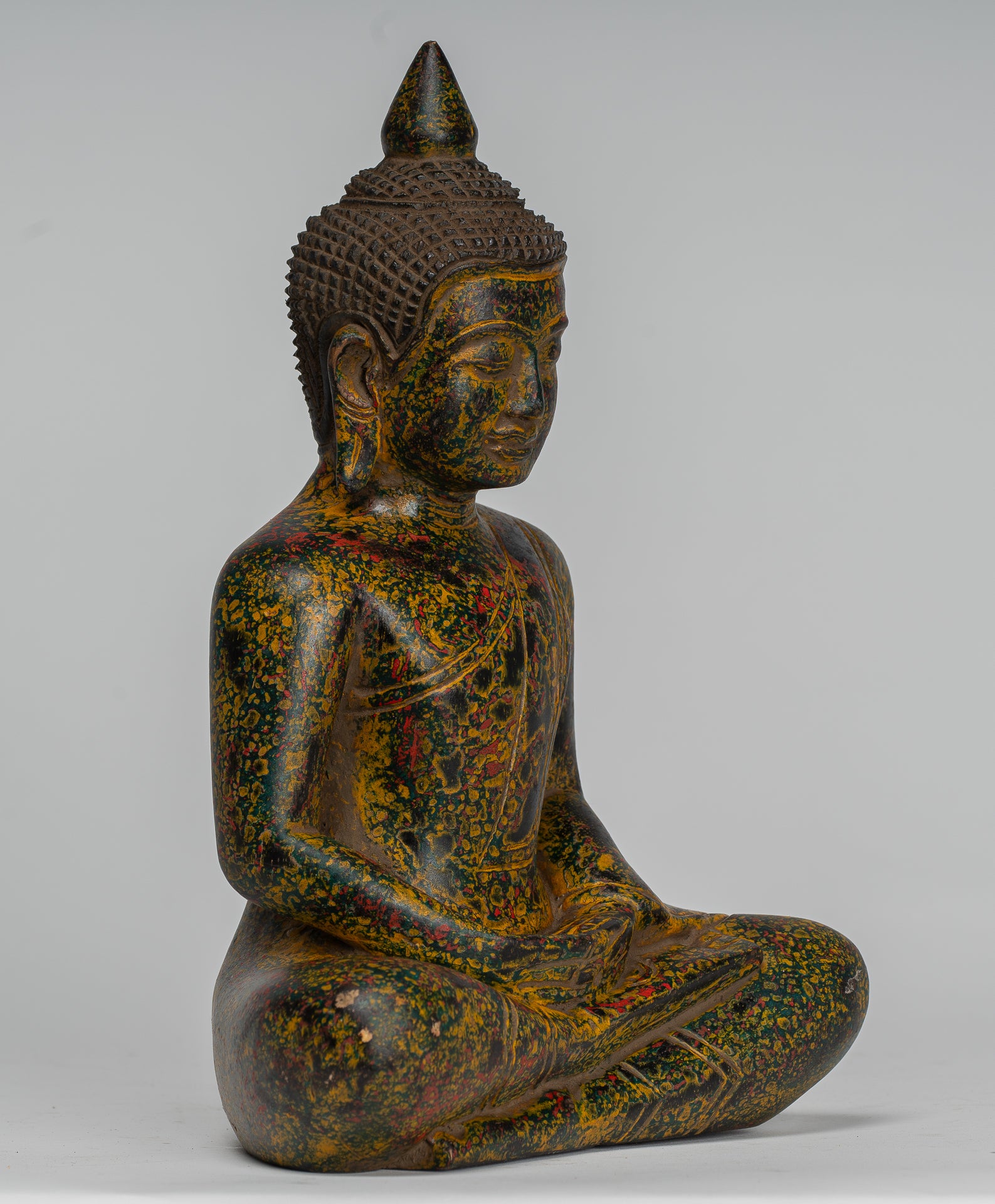 Buddha Sculpture - Antique Khmer Style Wood Seated Buddha Statue Dhyana Meditation Mudra - 27cm/11"