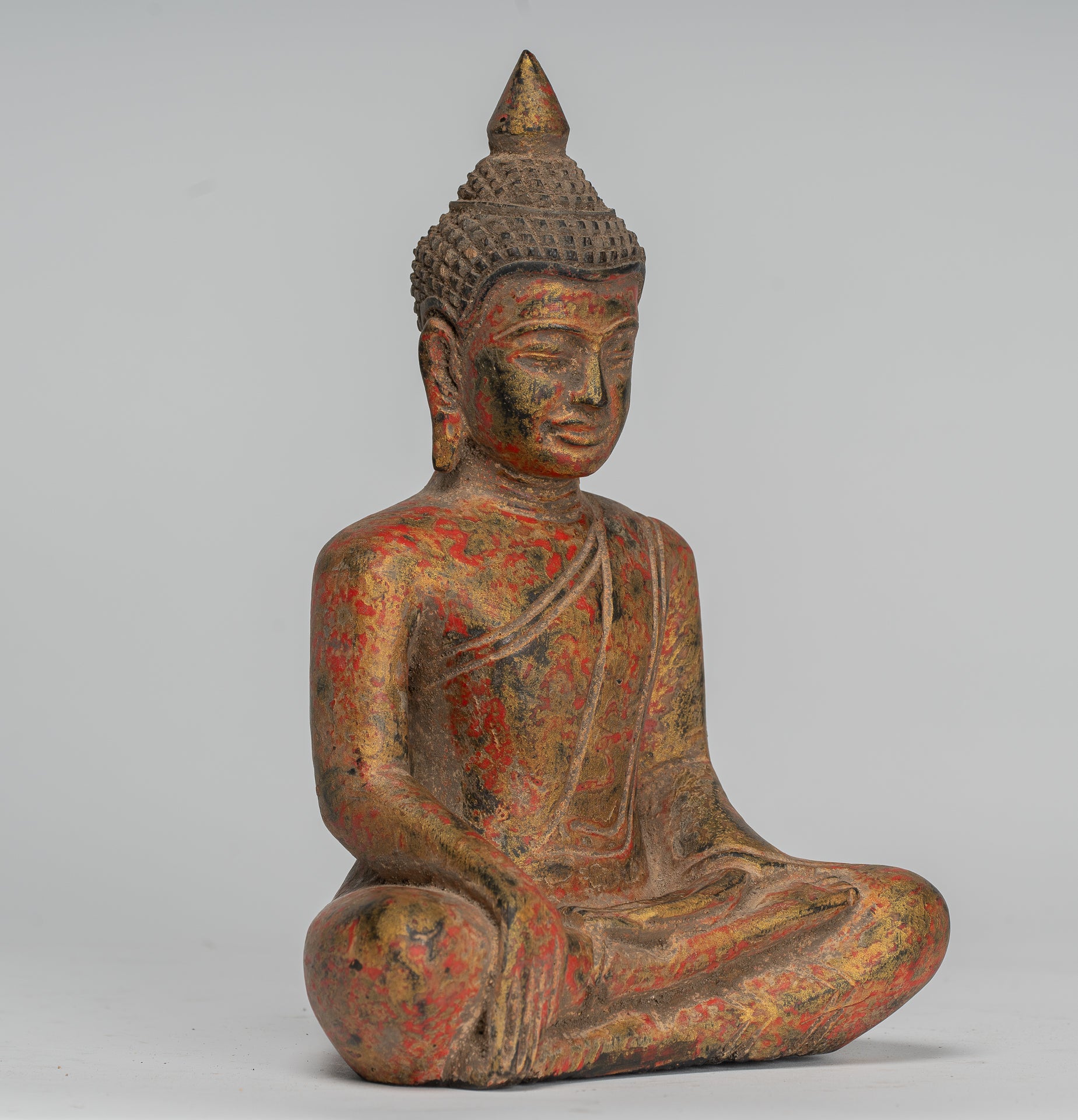 Buddha Statue - Antique Khmer Style SE Asia Seated Wood Enlightenment Buddha Statue - 21cm/8"
