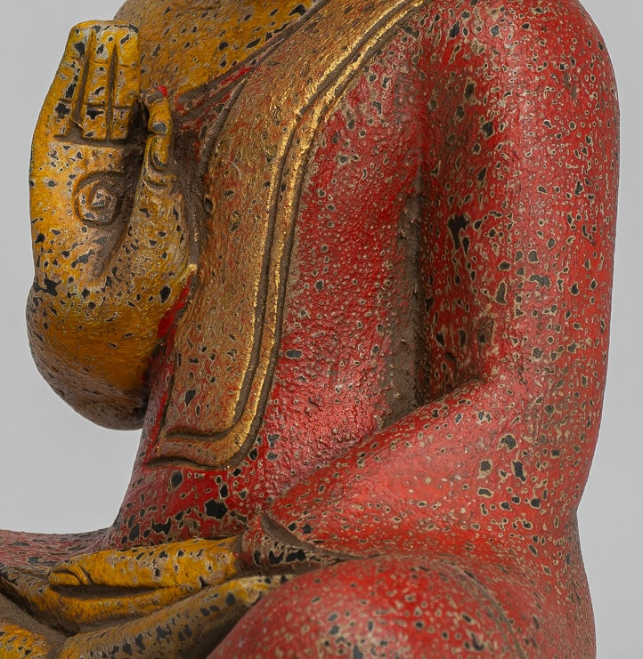 Buddha Statue - Antique Khmer Style Cambodia Seated Wood Buddha Statue Teaching Mudra - 26cm/10"