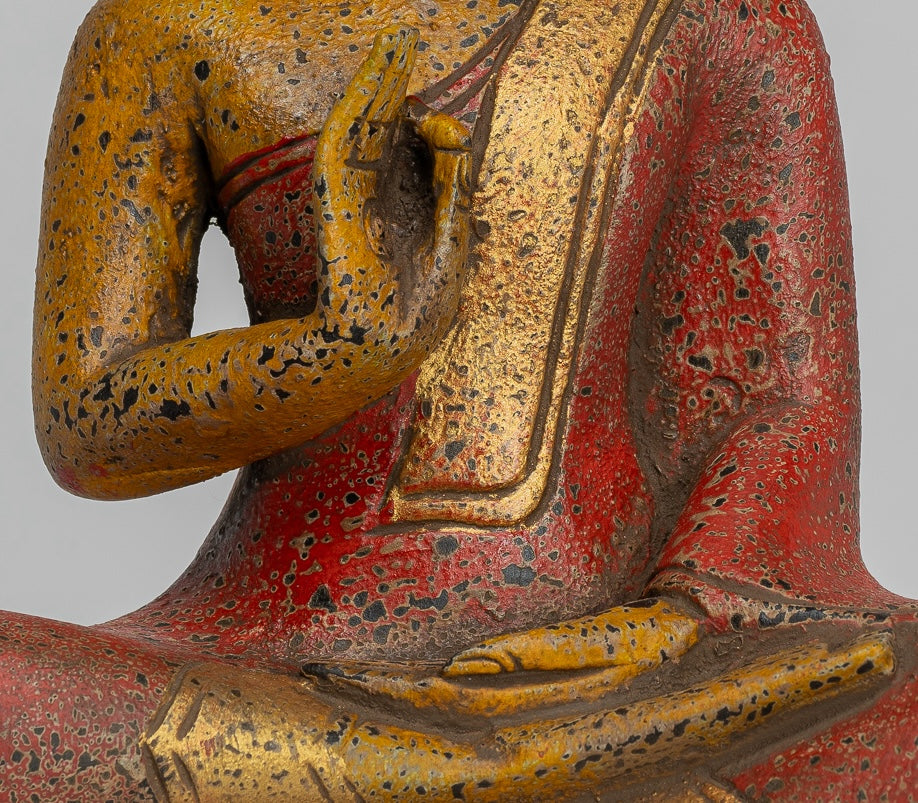 Buddha Statue - Antique Khmer Style Cambodia Seated Wood Buddha Statue Teaching Mudra - 26cm/10"