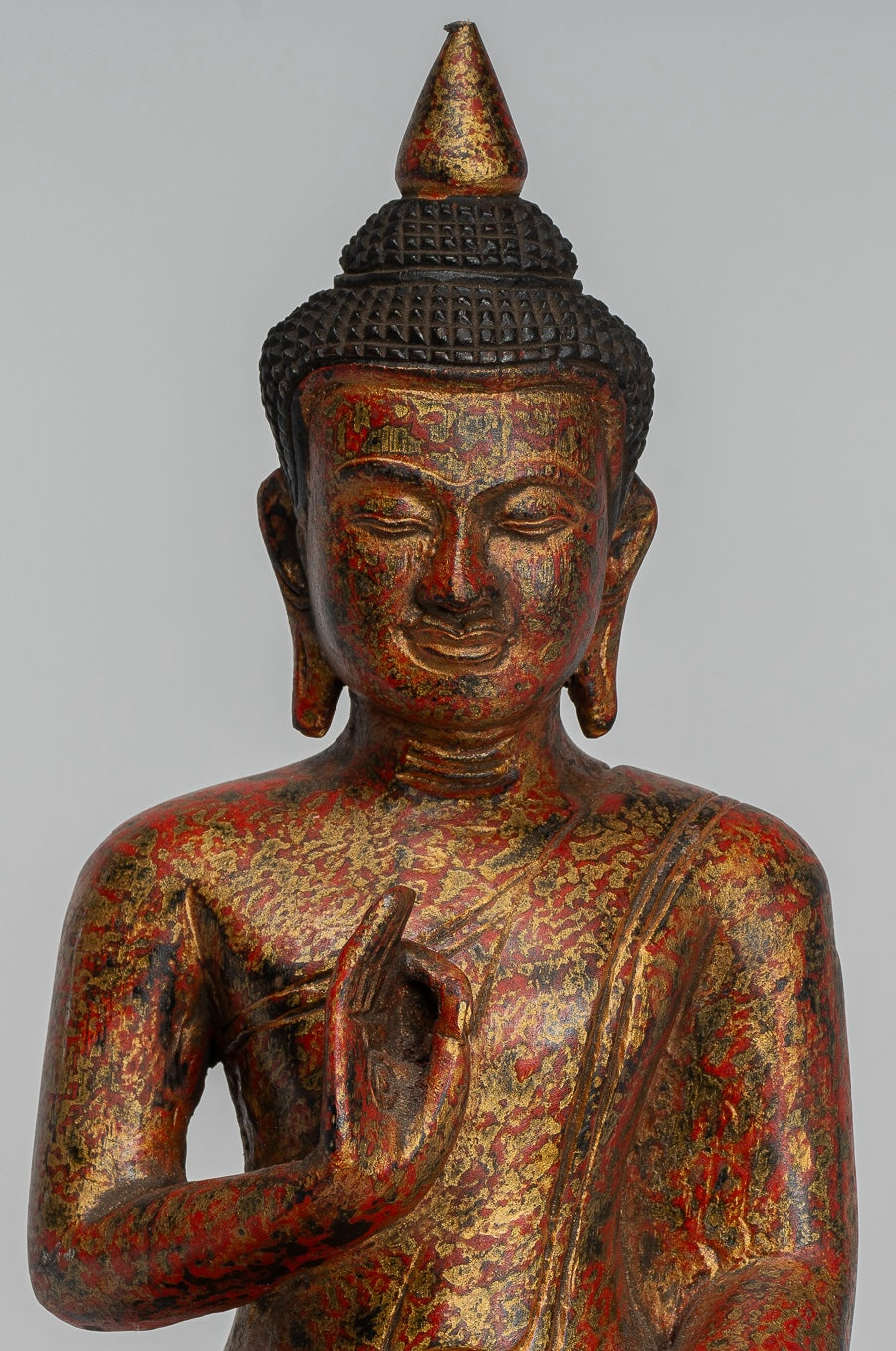 Buddha Statue - Antique Khmer Style Cambodia Seated Wood Buddha Statue Teaching Mudra - 26cm/10"