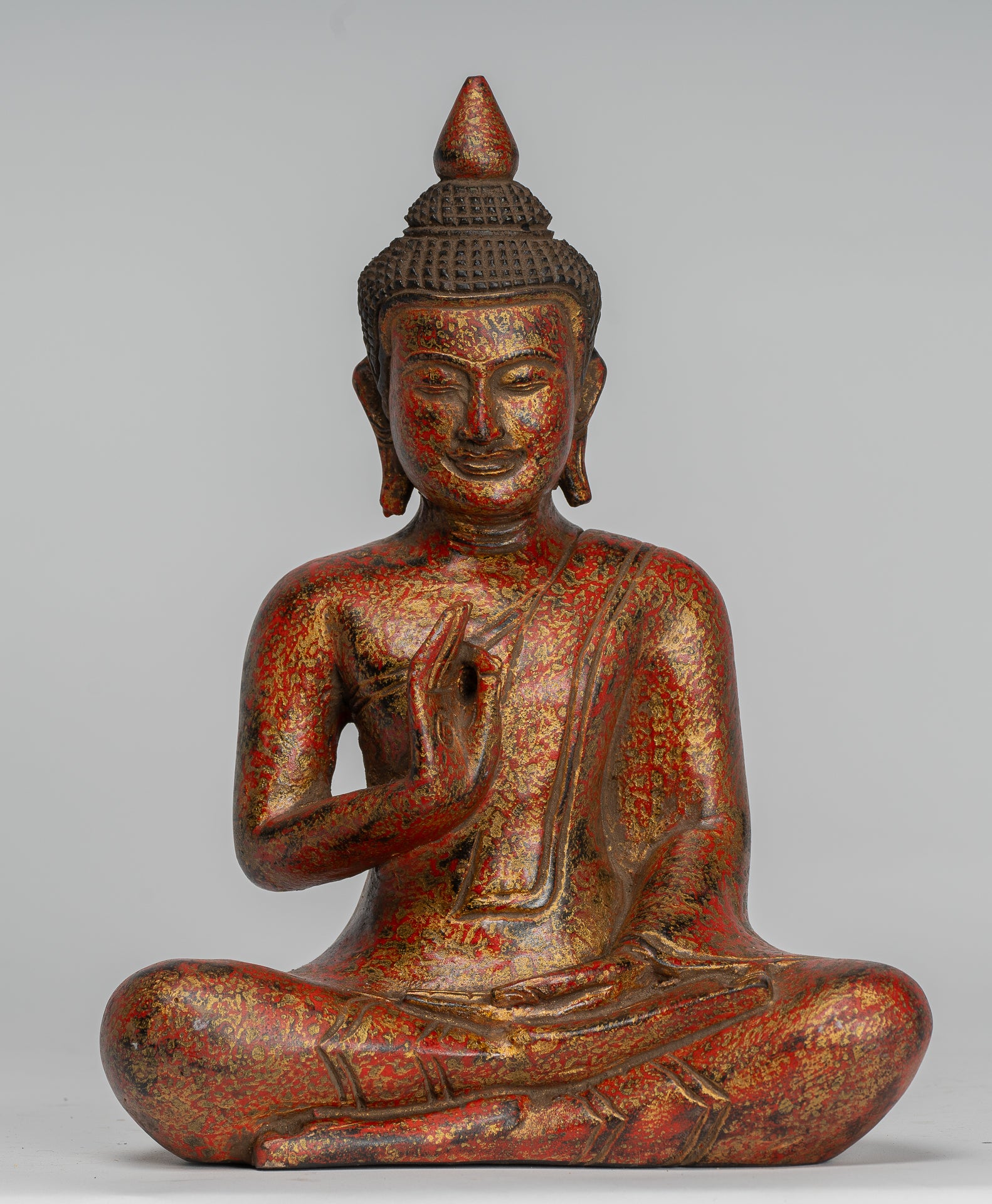 Buddha Statue - Antique Khmer Style Cambodia Seated Wood Buddha Statue Teaching Mudra - 27cm/11"