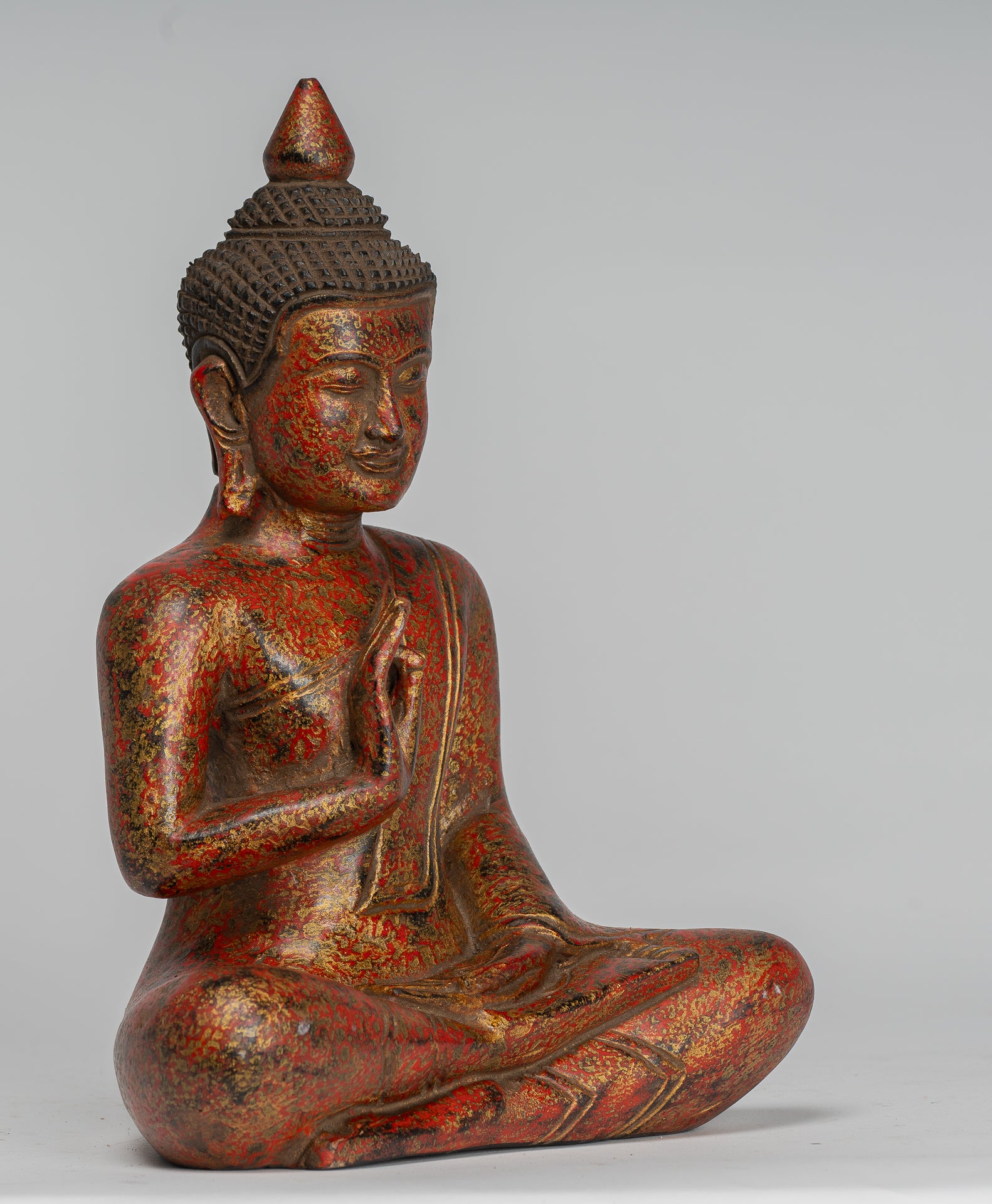 Buddha Statue - Antique Khmer Style Cambodia Seated Wood Buddha Statue Teaching Mudra - 27cm/11"