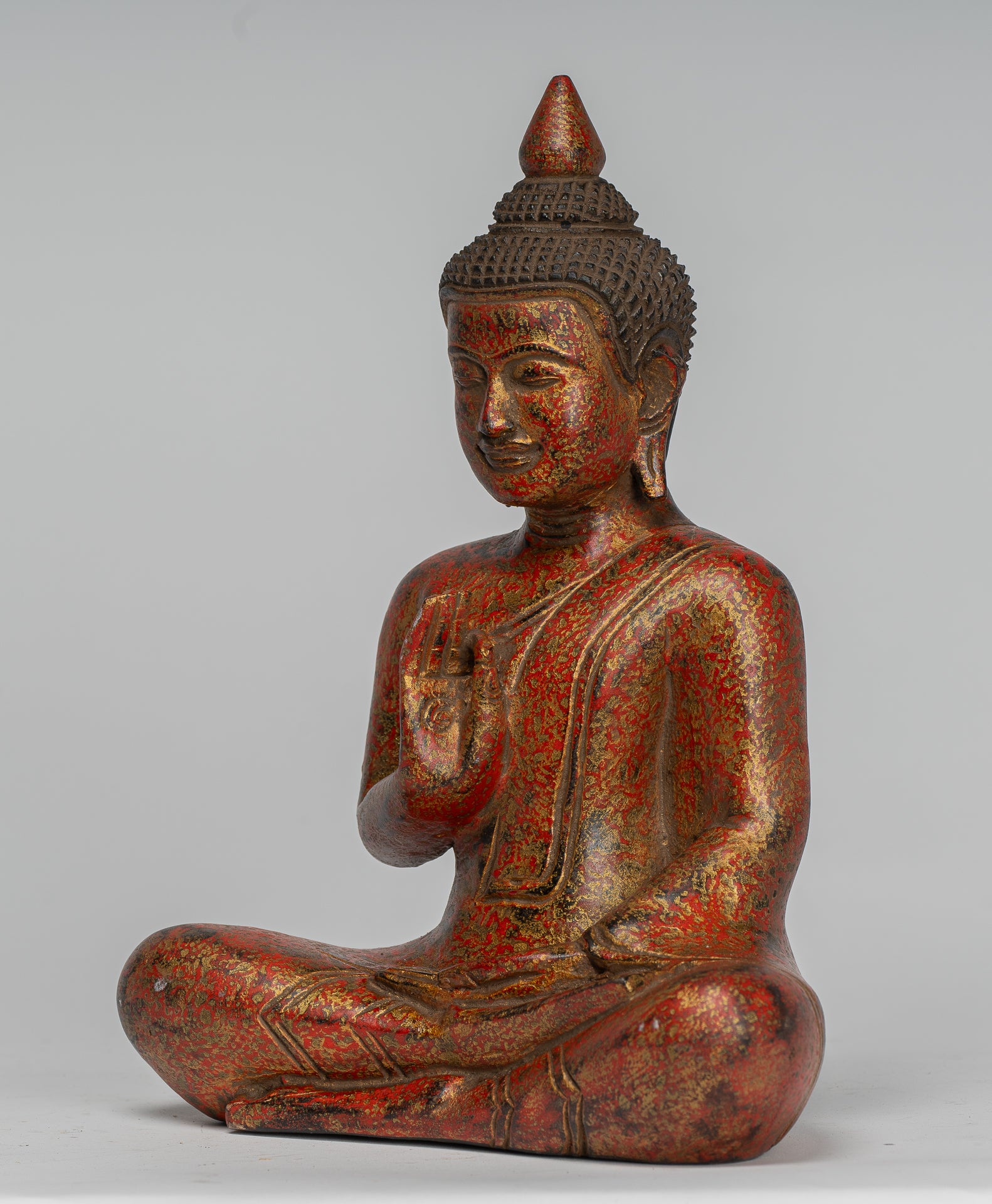 Buddha Statue - Antique Khmer Style Cambodia Seated Wood Buddha Statue Teaching Mudra - 27cm/11"