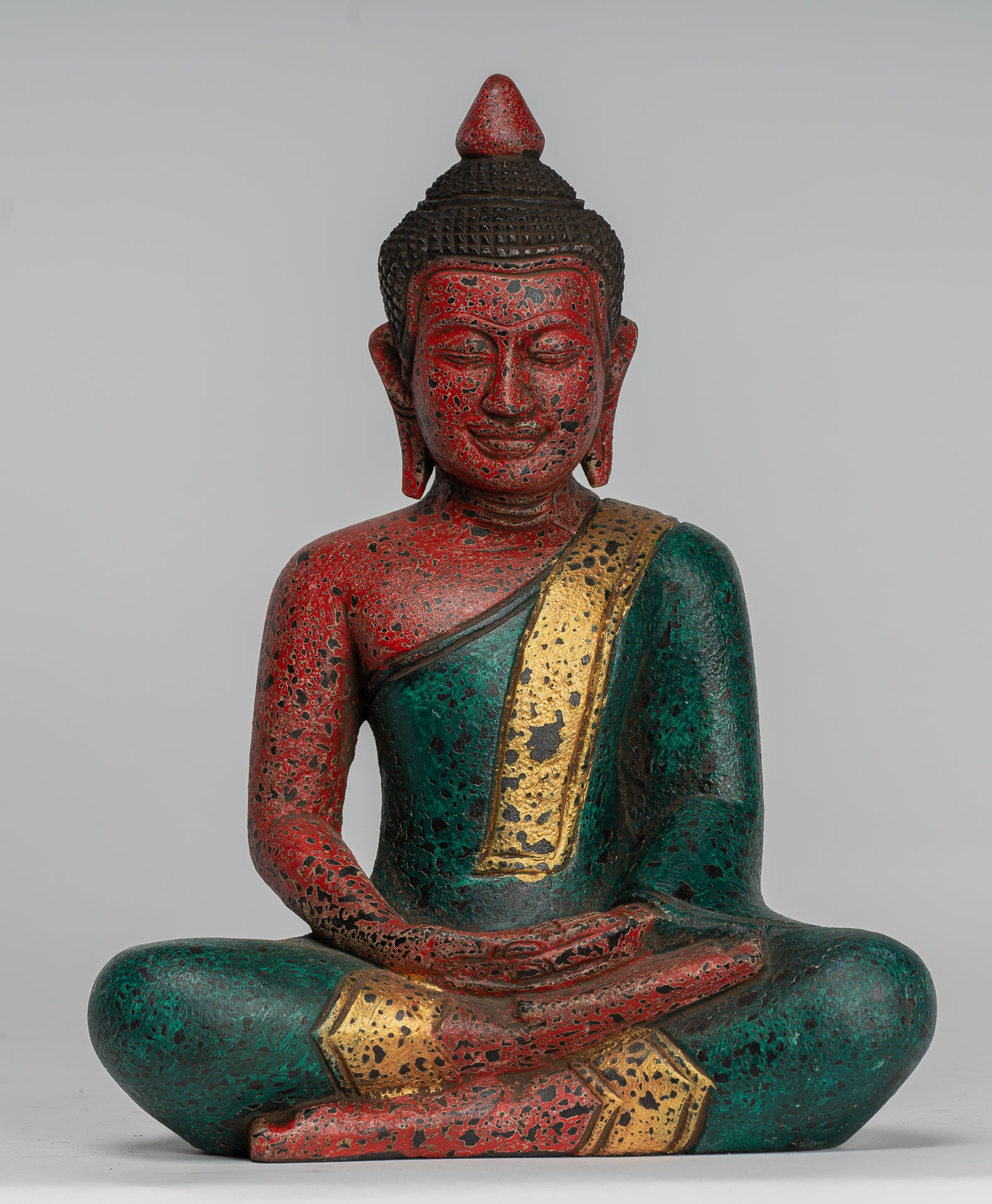 Buddha Sculpture - Antique Khmer Style Wood Seated Buddha Statue Dhyana Meditation Mudra - 26cm/10"