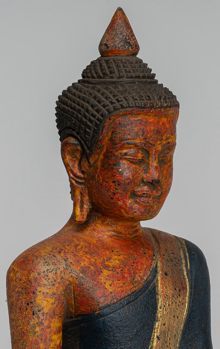 Buddha Statue - Antique Khmer Style SE Asia Seated Wood Enlightenment Buddha Statue - 27cm/11"