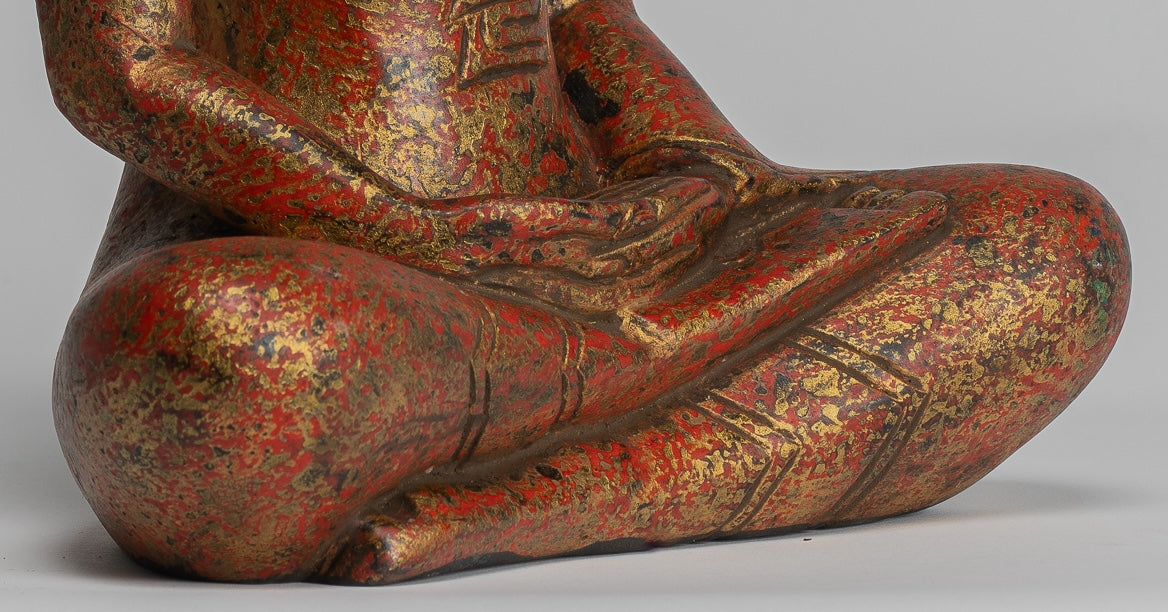 Buddha Sculpture - Antique Khmer Style Wood Seated Buddha Statue Dhyana Meditation Mudra - 32cm/13"