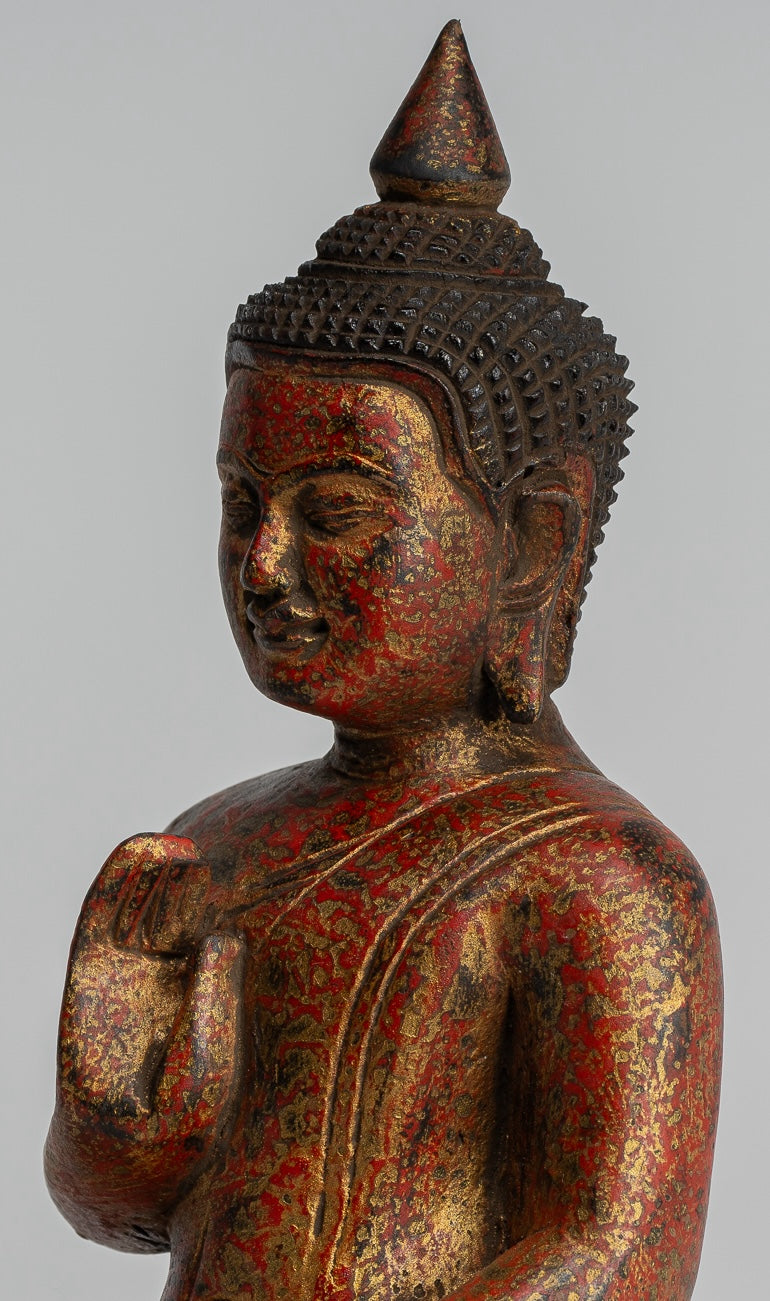 Buddha Sculpture - Buddha - Antique Khmer Style Seated Wood Buddha Statue Teaching Mudra - 20cm/8"