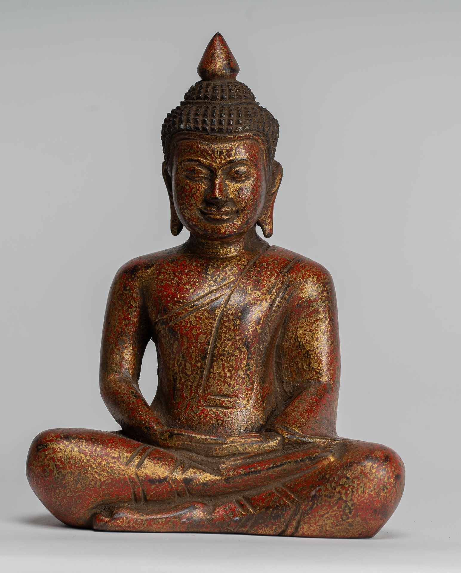 Buddha Sculpture - Antique Khmer Style Wood Seated Buddha Statue Dhyana Meditation Mudra - 20cm/8"