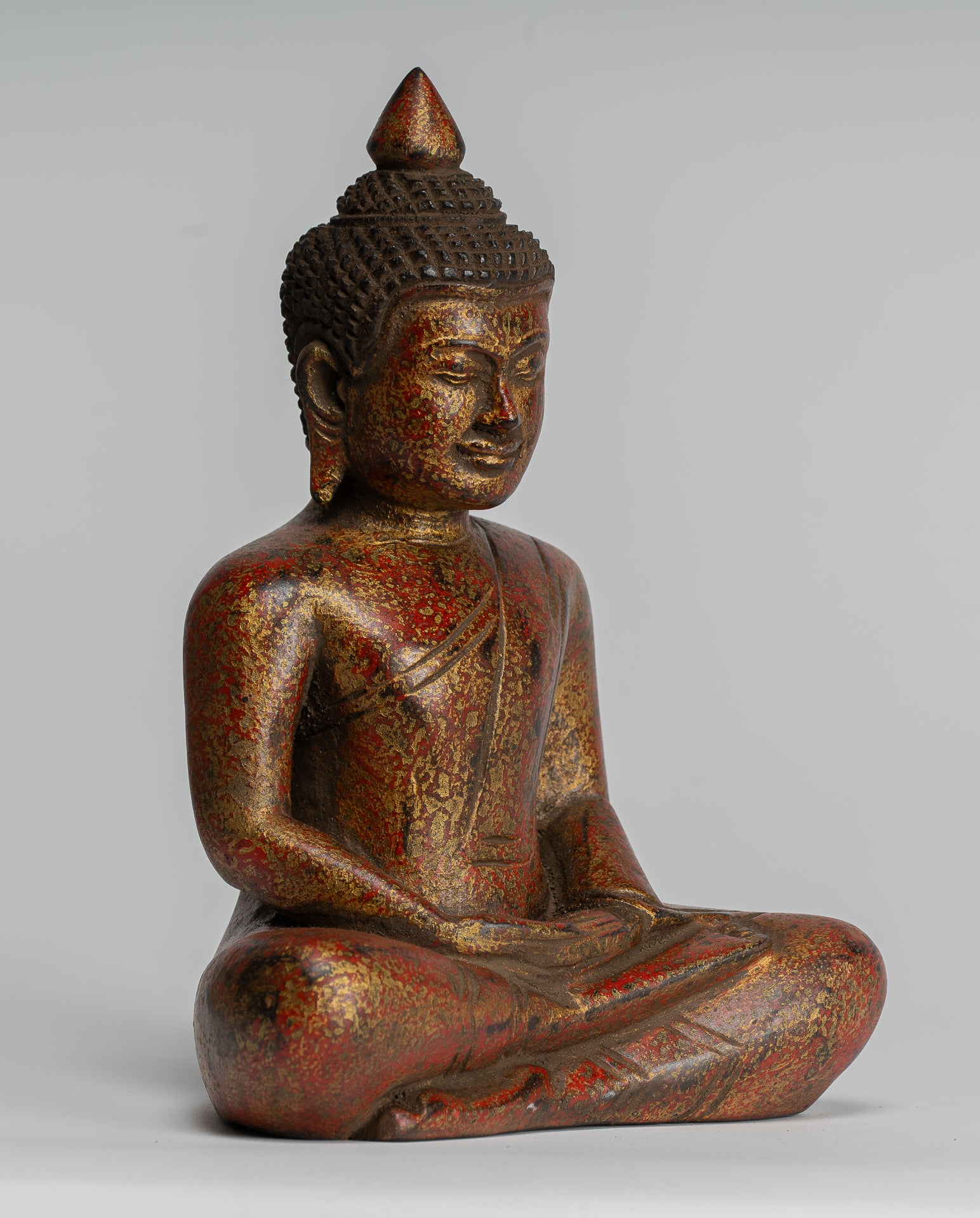 Buddha Sculpture - Antique Khmer Style Wood Seated Buddha Statue Dhyana Meditation Mudra - 20cm/8"