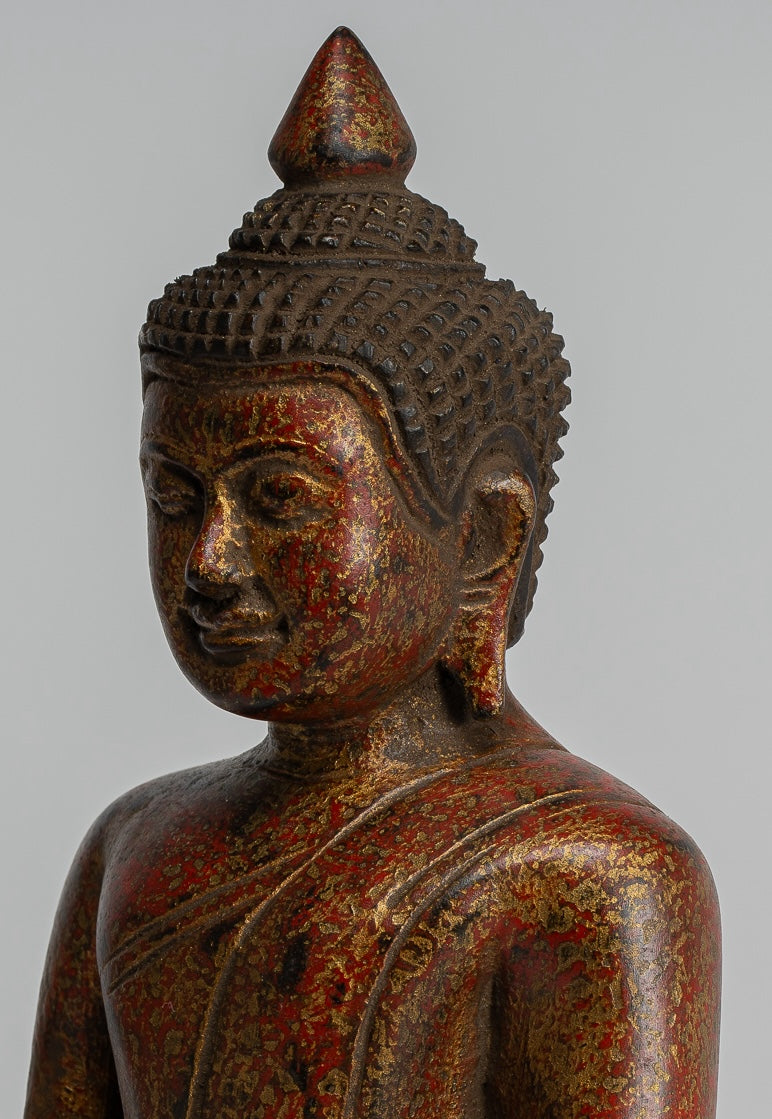 Buddha Sculpture - Antique Khmer Style Wood Seated Buddha Statue Dhyana Meditation Mudra - 20cm/8"