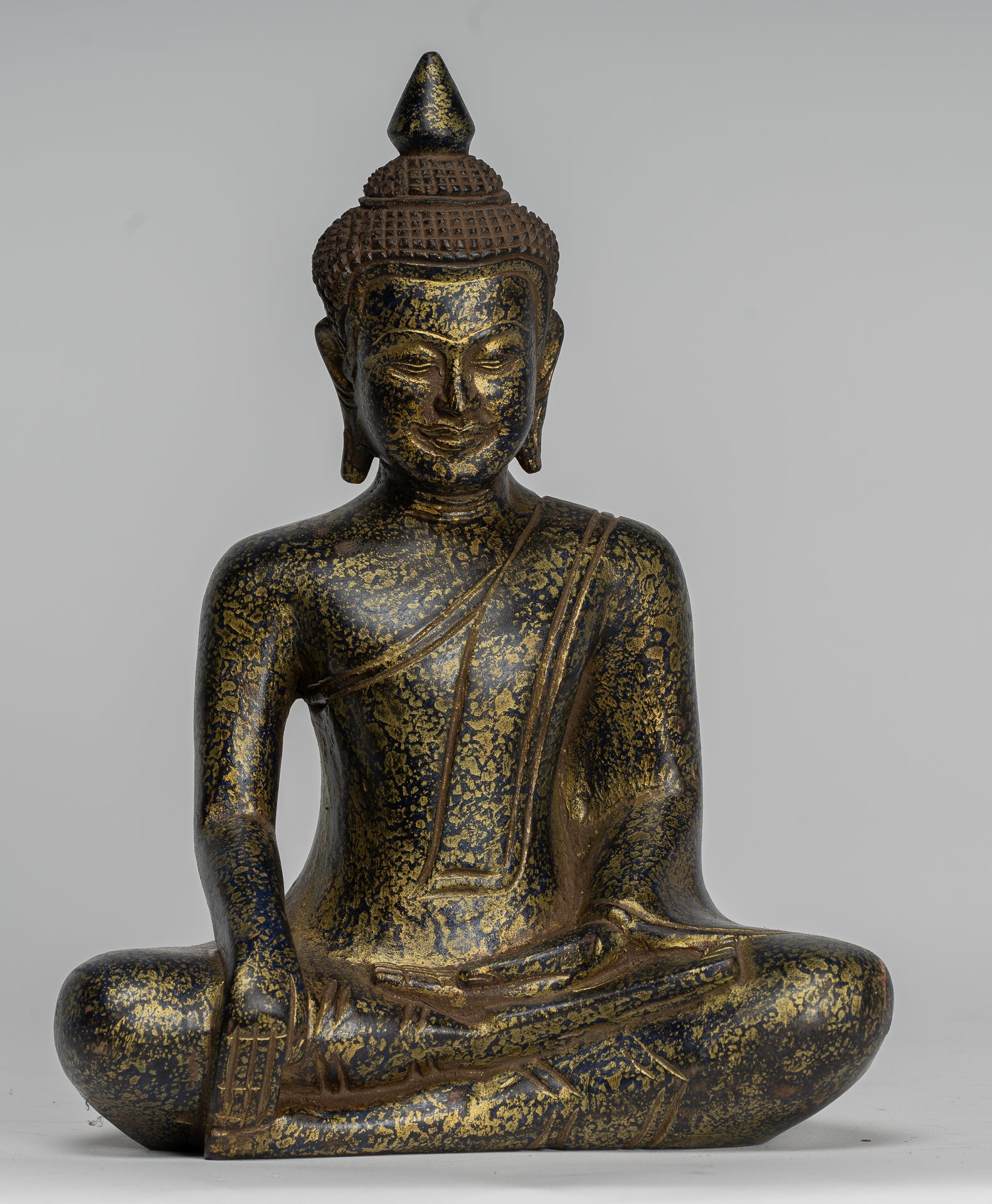 Buddha Statue - Antique Khmer Style SE Asia Seated Wood Enlightenment Buddha Statue - 27cm/11"