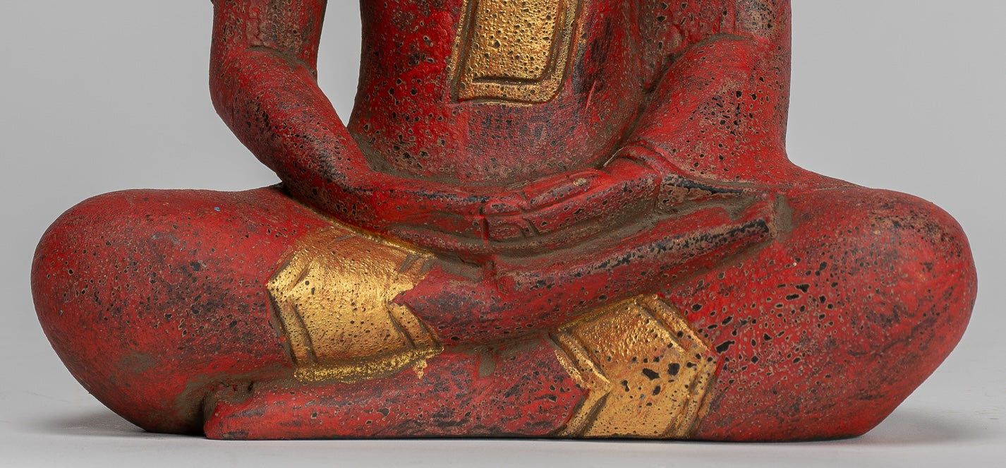 Buddha Sculpture - Antique Khmer Style Wood Seated Buddha Statue Dhyana Meditation Mudra - 27cm/11"