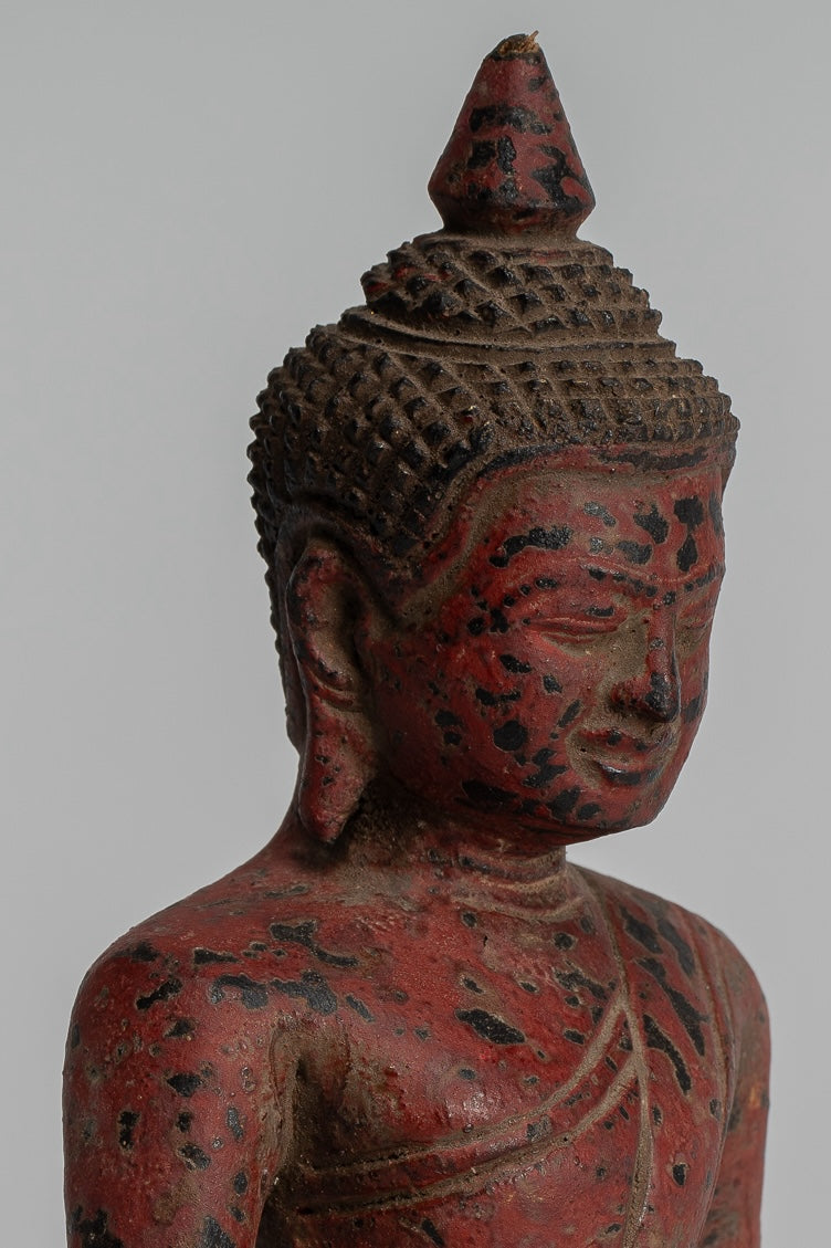 Buddha Sculpture - Antique Khmer Style Wood Seated Buddha Statue Dhyana Meditation Mudra - 17cm/7"