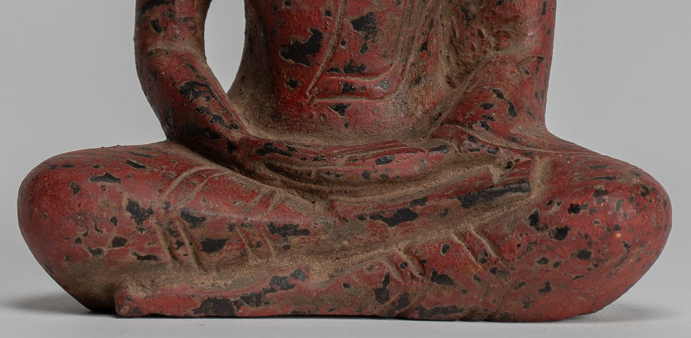 Buddha Sculpture - Antique Khmer Style Wood Seated Buddha Statue Dhyana Meditation Mudra - 17cm/7"