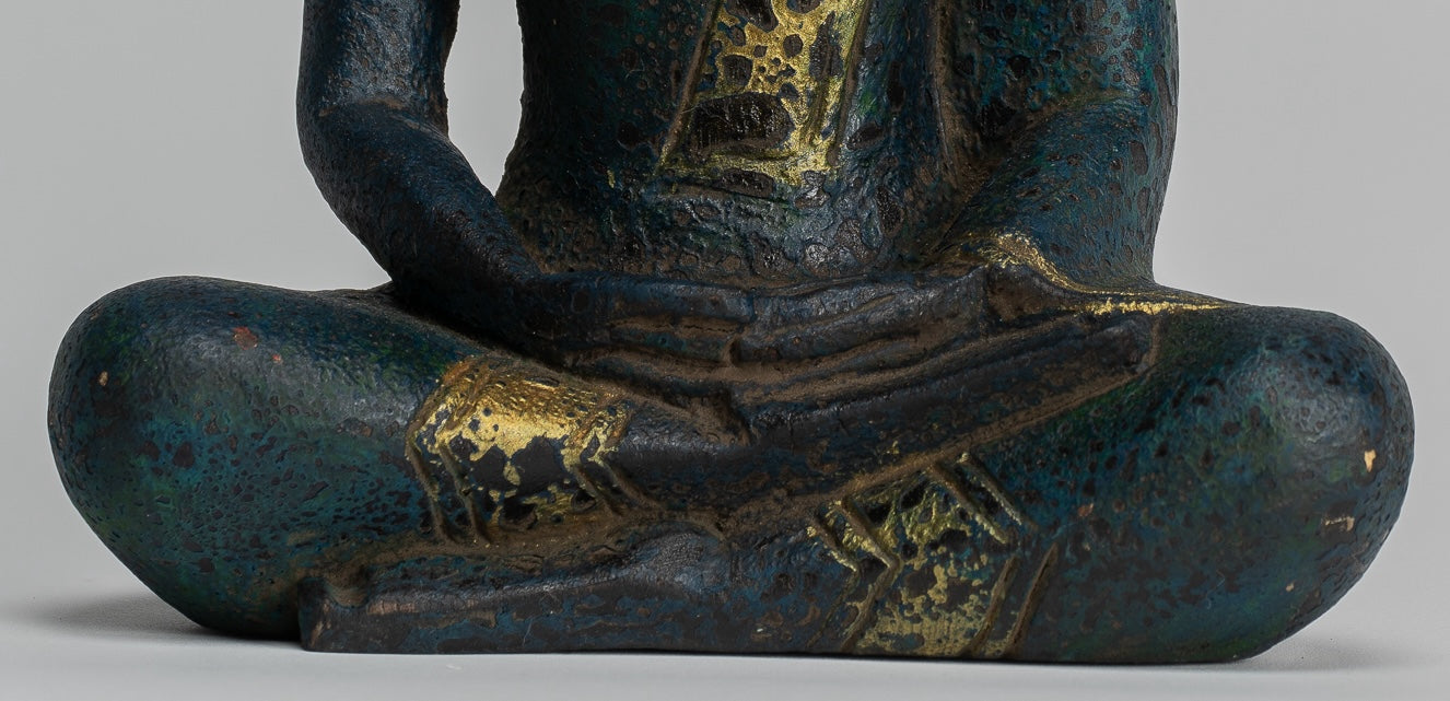 Buddha Sculpture - Antique Khmer Style Wood Seated Buddha Statue Dhyana Meditation Mudra - 20cm/8"