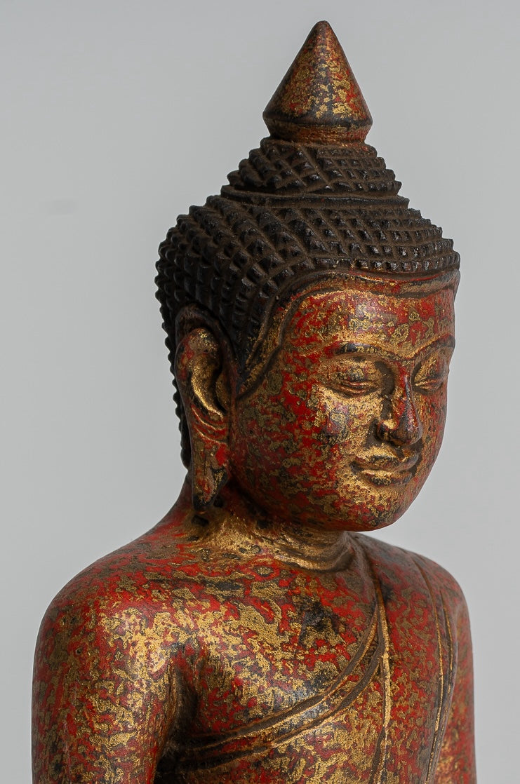Buddha Sculpture - Antique Khmer Style Wood Seated Buddha Statue Dhyana Meditation Mudra - 21cm/8"