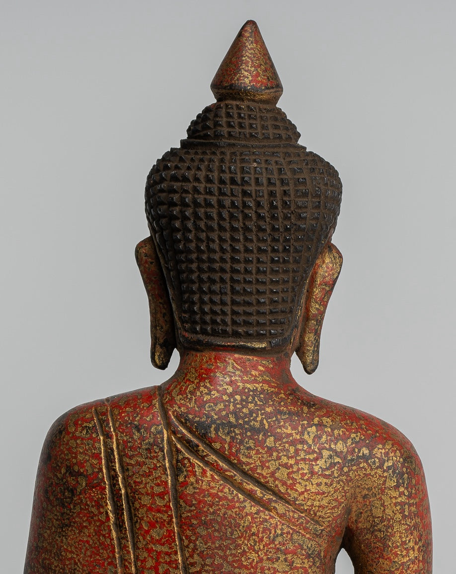 Buddha Sculpture - Antique Khmer Style Wood Seated Buddha Statue Dhyana Meditation Mudra - 21cm/8"