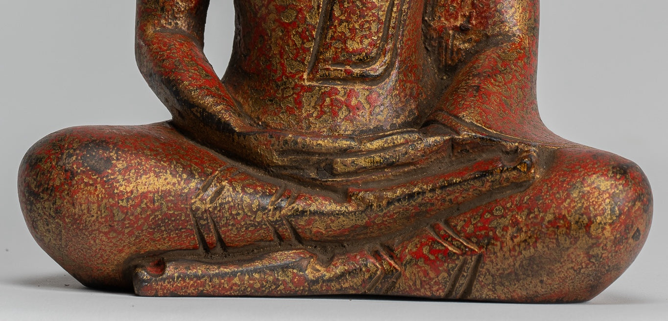Buddha Sculpture - Antique Khmer Style Wood Seated Buddha Statue Dhyana Meditation Mudra - 21cm/8"