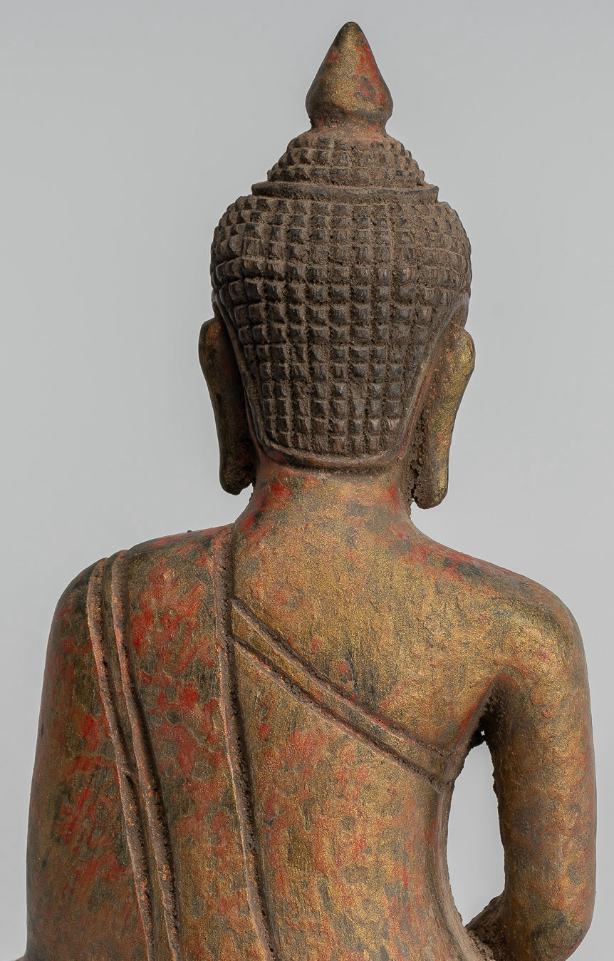 Buddha Sculpture - Antique Khmer Style Wood Seated Buddha Statue Dhyana Meditation Mudra - 20cm/8"