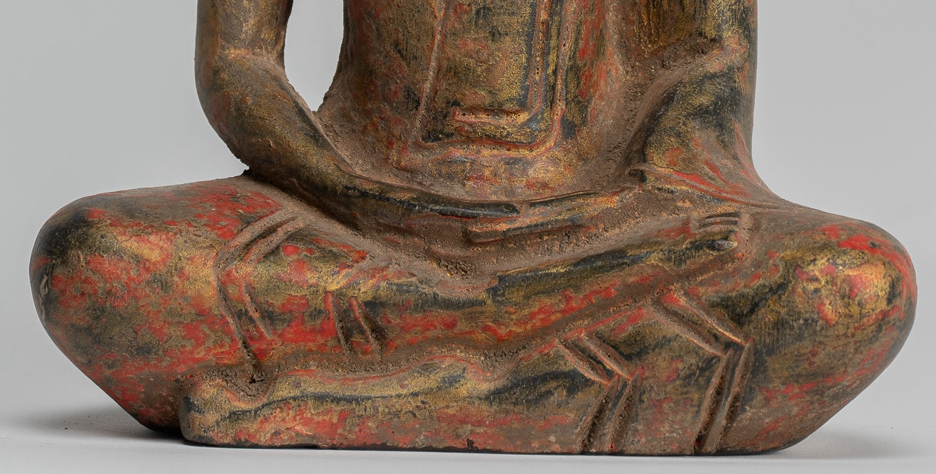 Buddha Sculpture - Antique Khmer Style Wood Seated Buddha Statue Dhyana Meditation Mudra - 20cm/8"