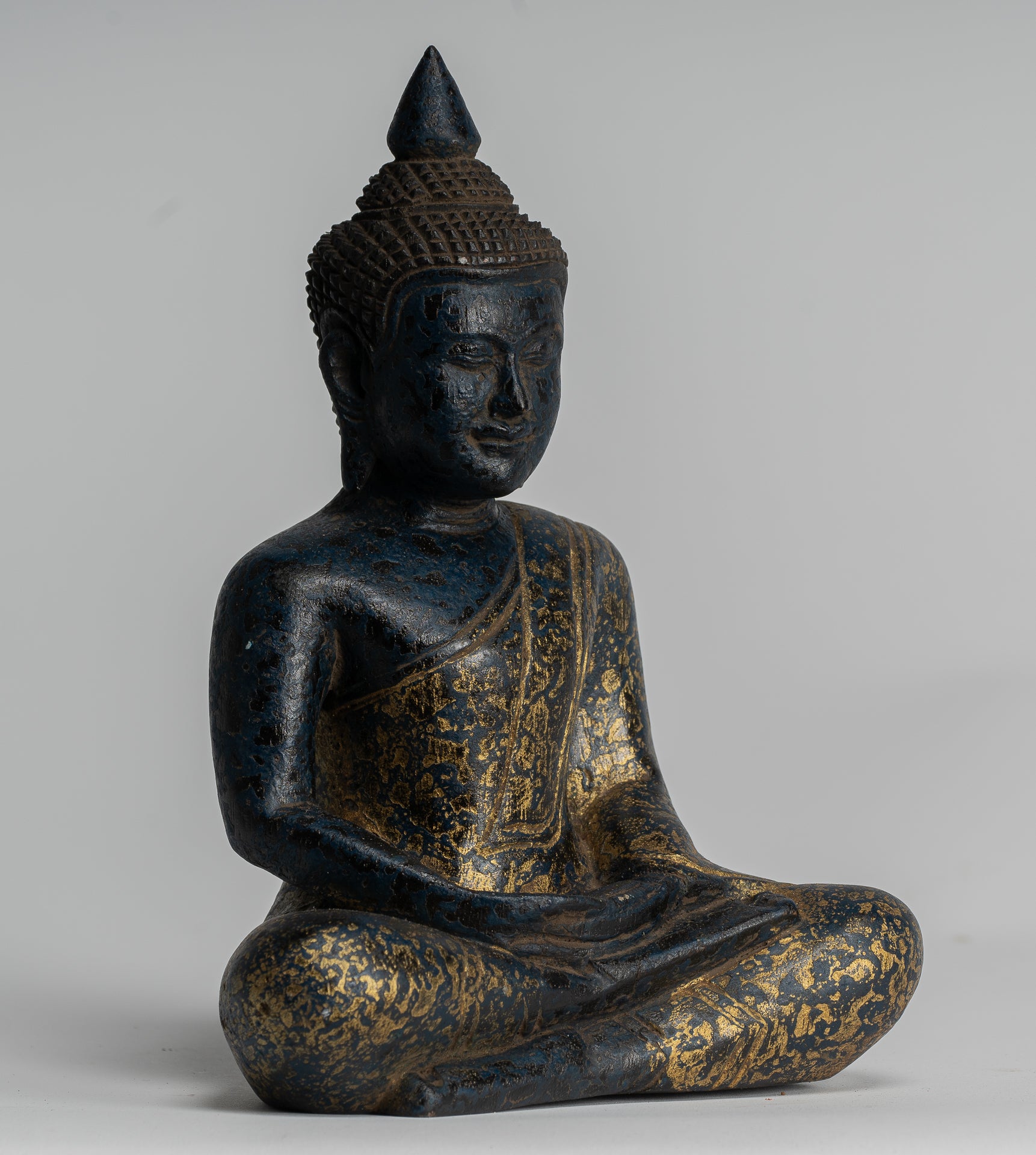 Buddha Sculpture - Antique Khmer Style Wood Seated Buddha Statue Dhyana Meditation Mudra - 20cm/8"