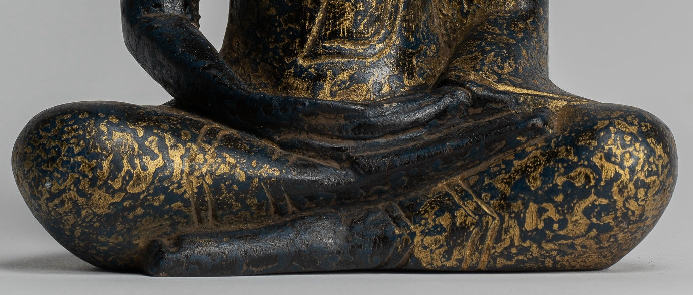 Buddha Sculpture - Antique Khmer Style Wood Seated Buddha Statue Dhyana Meditation Mudra - 20cm/8"