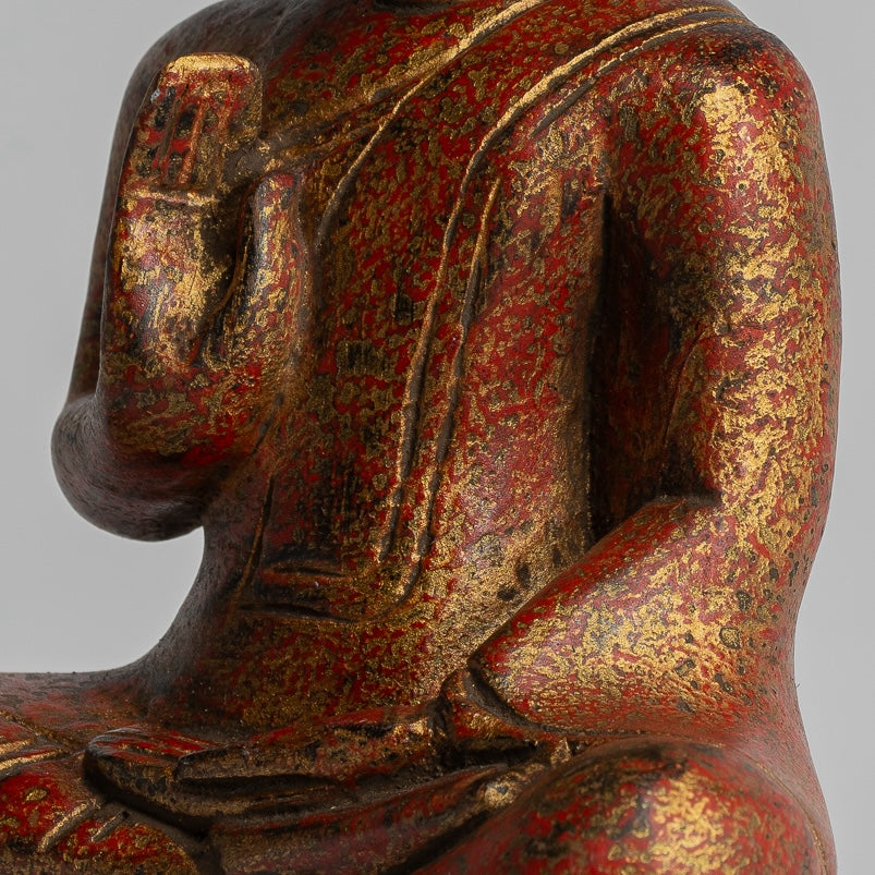 Buddha Statue - Antique Khmer Style Cambodia Seated Wood Buddha Statue Teaching Mudra - 21cm/8"